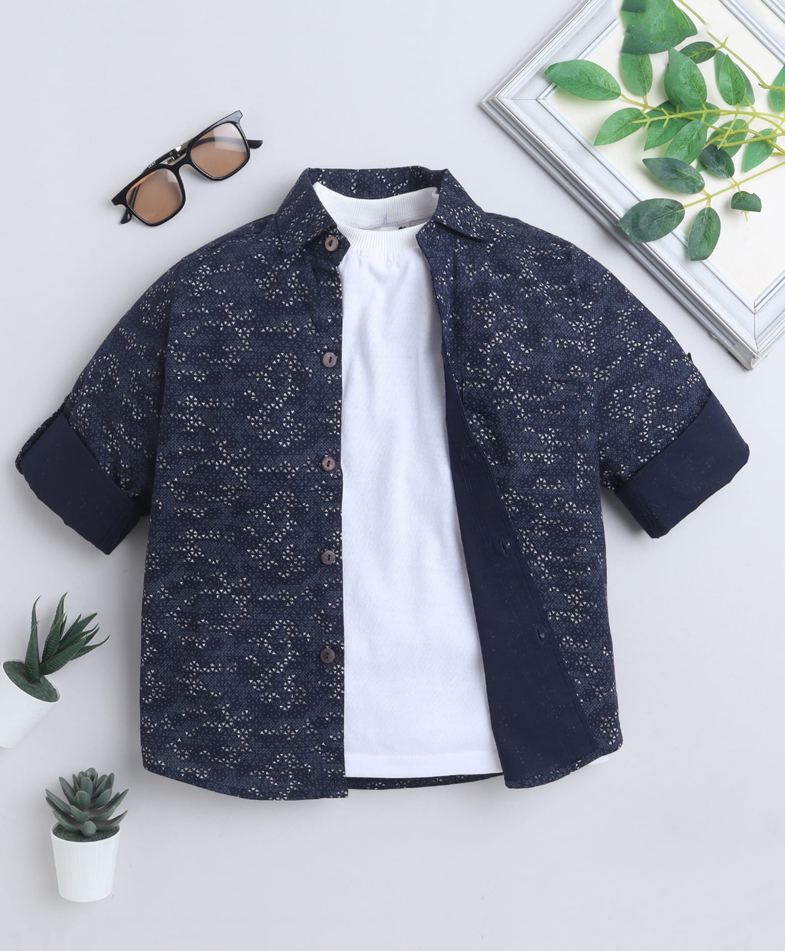 BAATCHEET Cotton Woven Full Sleeves Abstract Printed Shirt With Tee - Navy Blue-image-18
