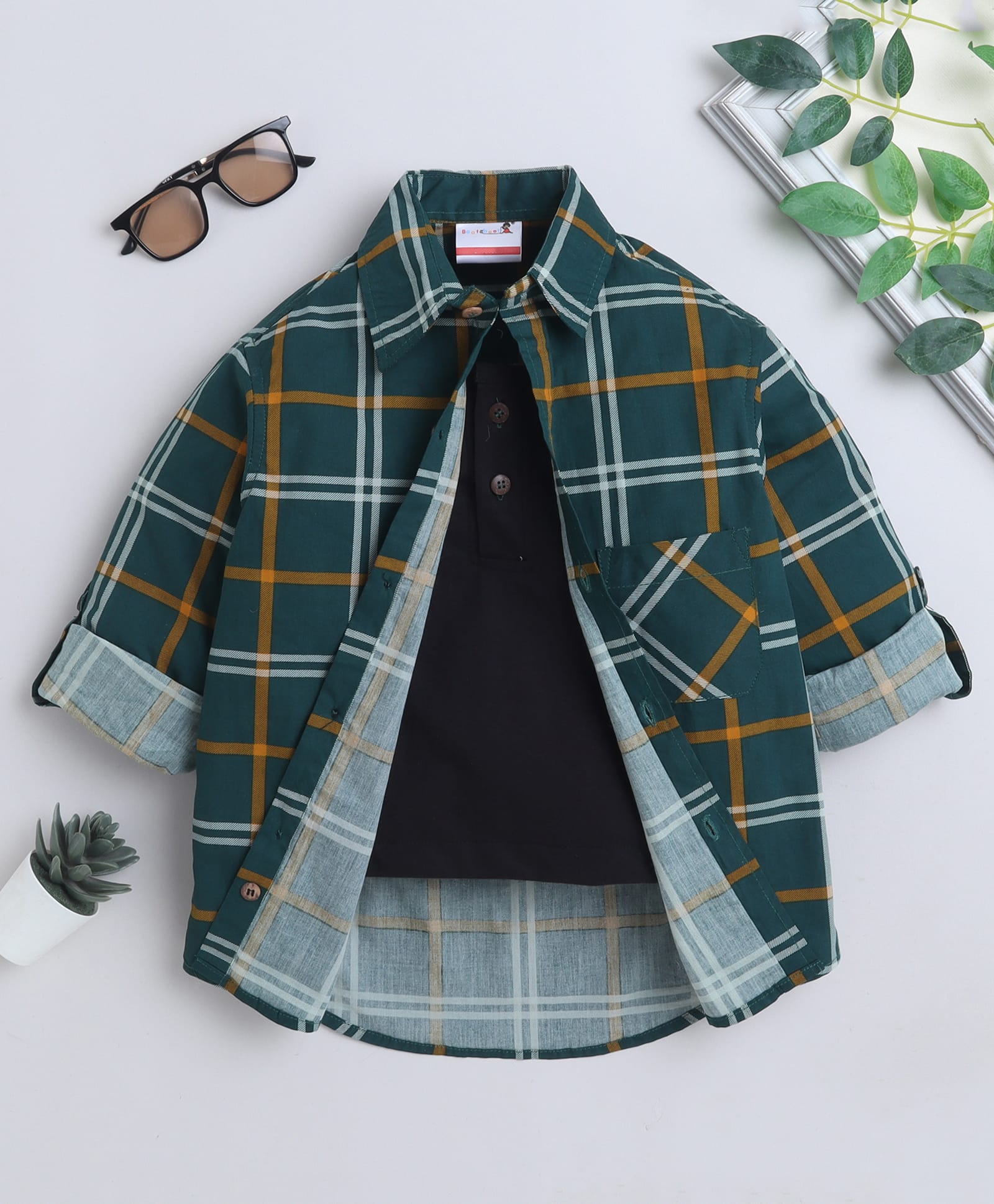 BAATCHEET Cotton Woven Full Sleeves Tartan Checked Shirt With Attached Tee - Green-picture-37