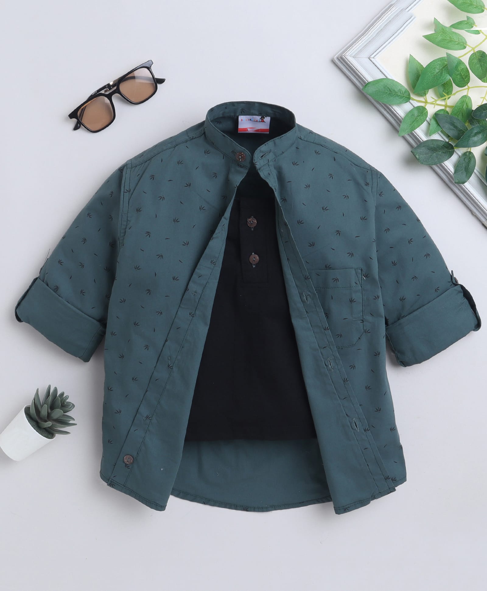 BAATCHEET Cotton Woven Full Sleeves Leaf Printed Shirt With Attached Tee - Green-image-41