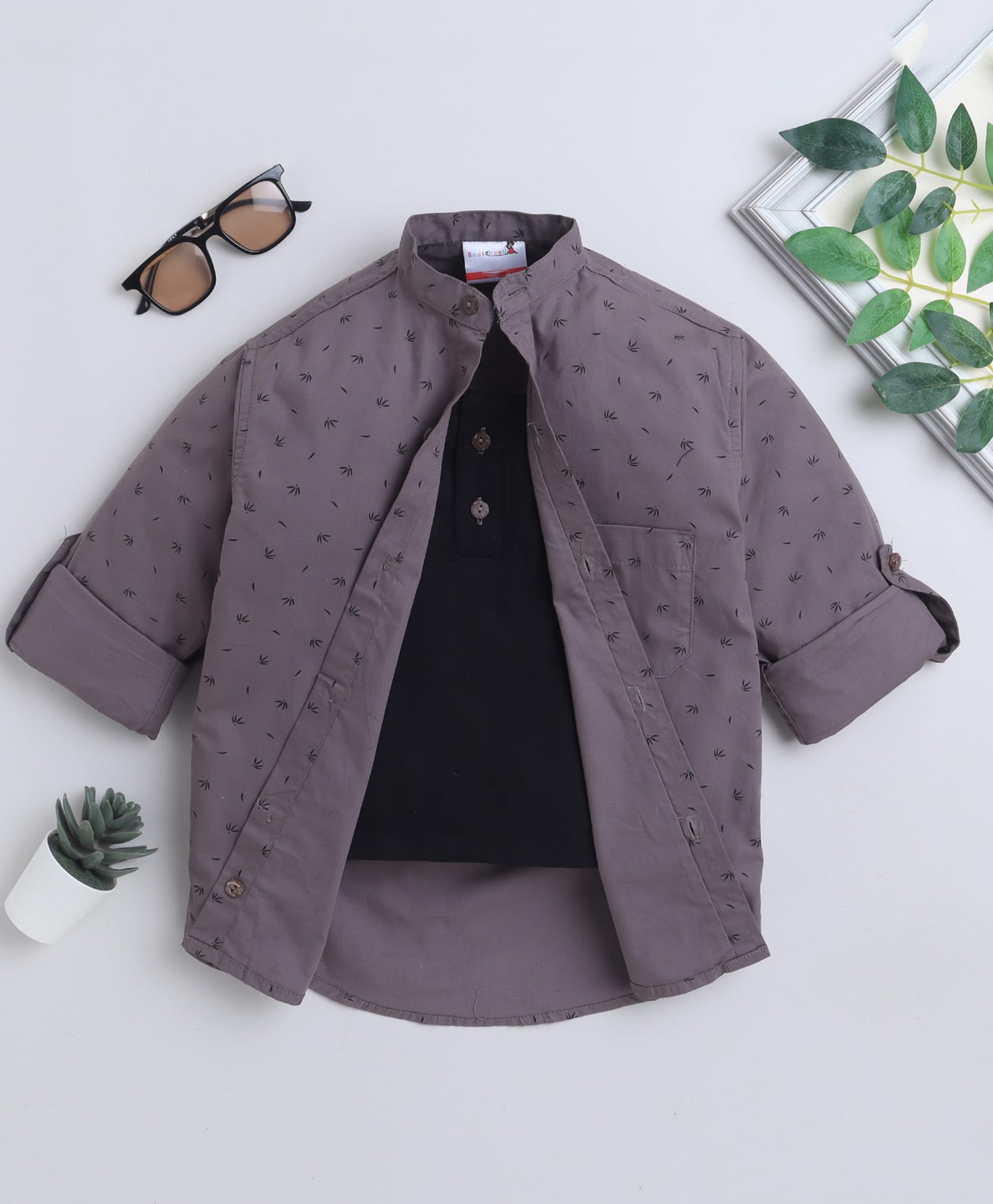 BAATCHEET Cotton Woven Full Sleeves Leaf Printed Shirt With Attached Tee - Grey-picture-36