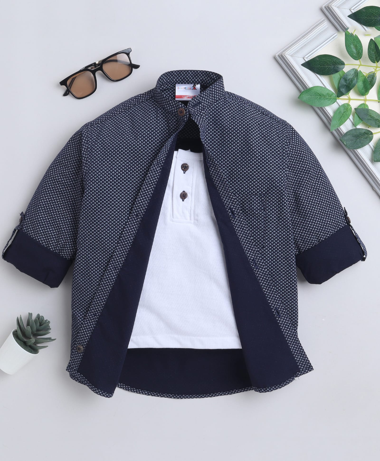 BAATCHEET Cotton Woven Full Sleeves Abstract Printed Shirt With Attached Tee - Navy Blue-picture-13