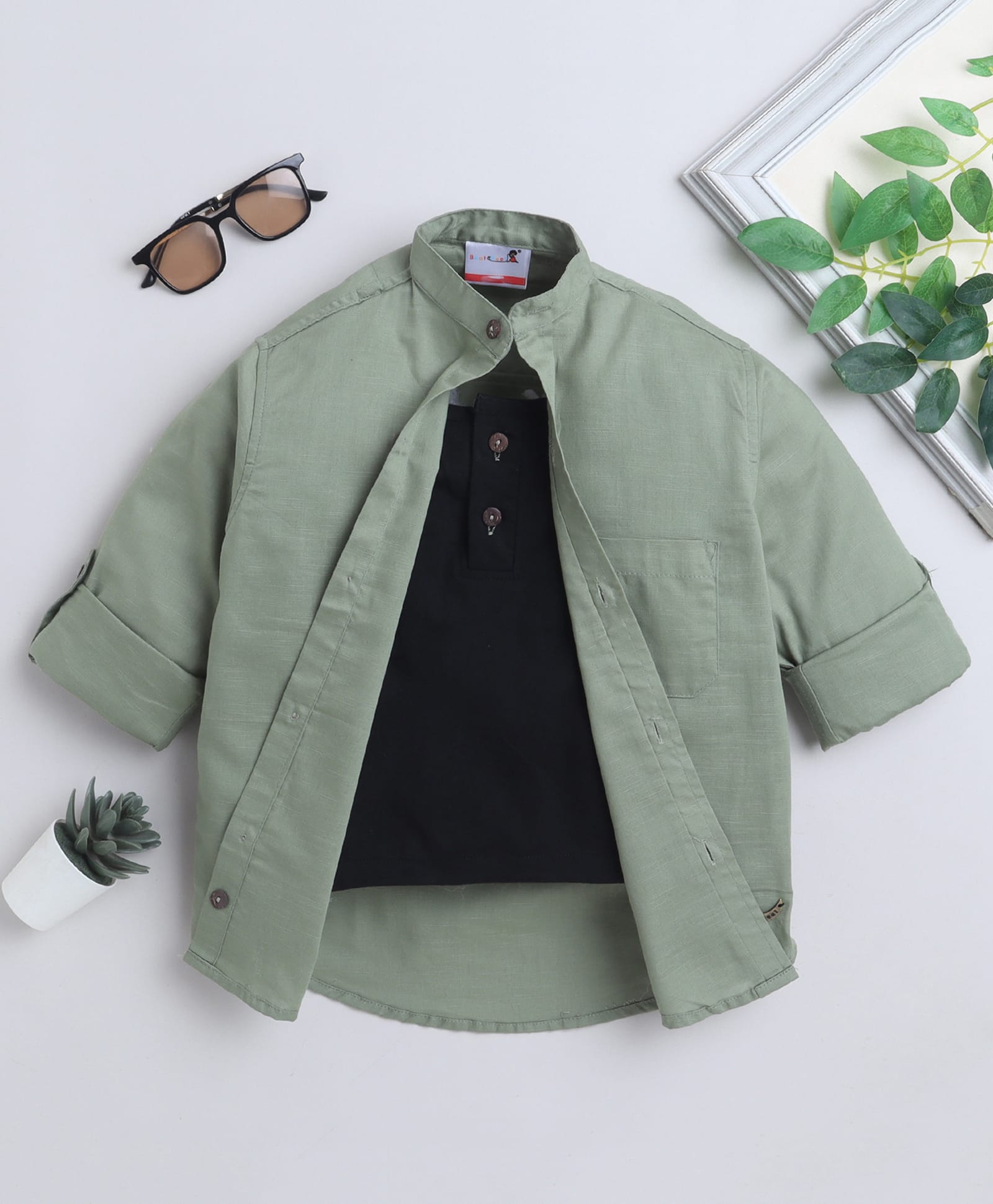 BAATCHEET Cotton Woven Full Sleeves Solid Shirt With Attached Tee - Green-picture-23
