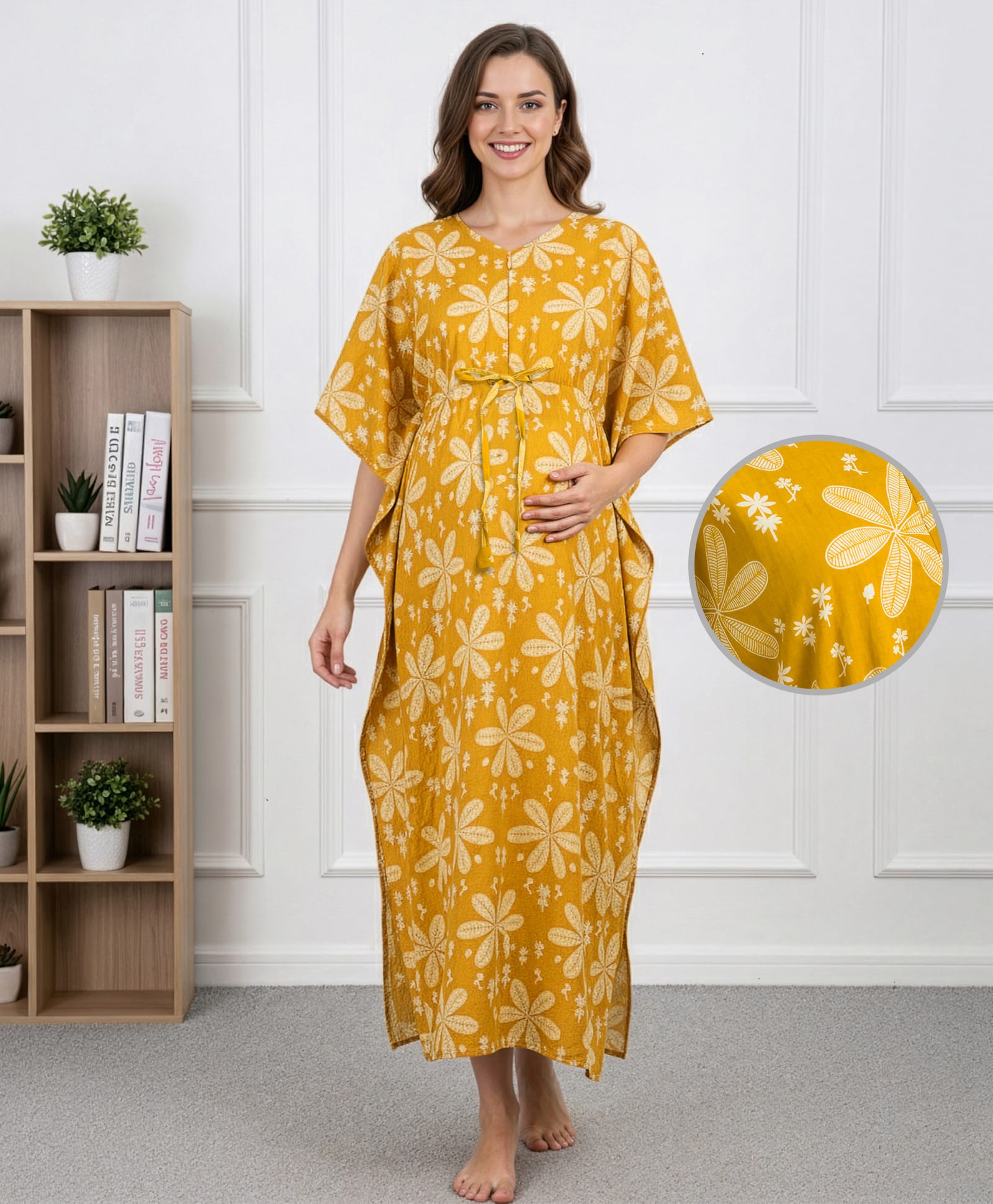 Bella Mama Cotton Woven Half Sleeves Maternity Kaftan With Floral Print - Yellow
