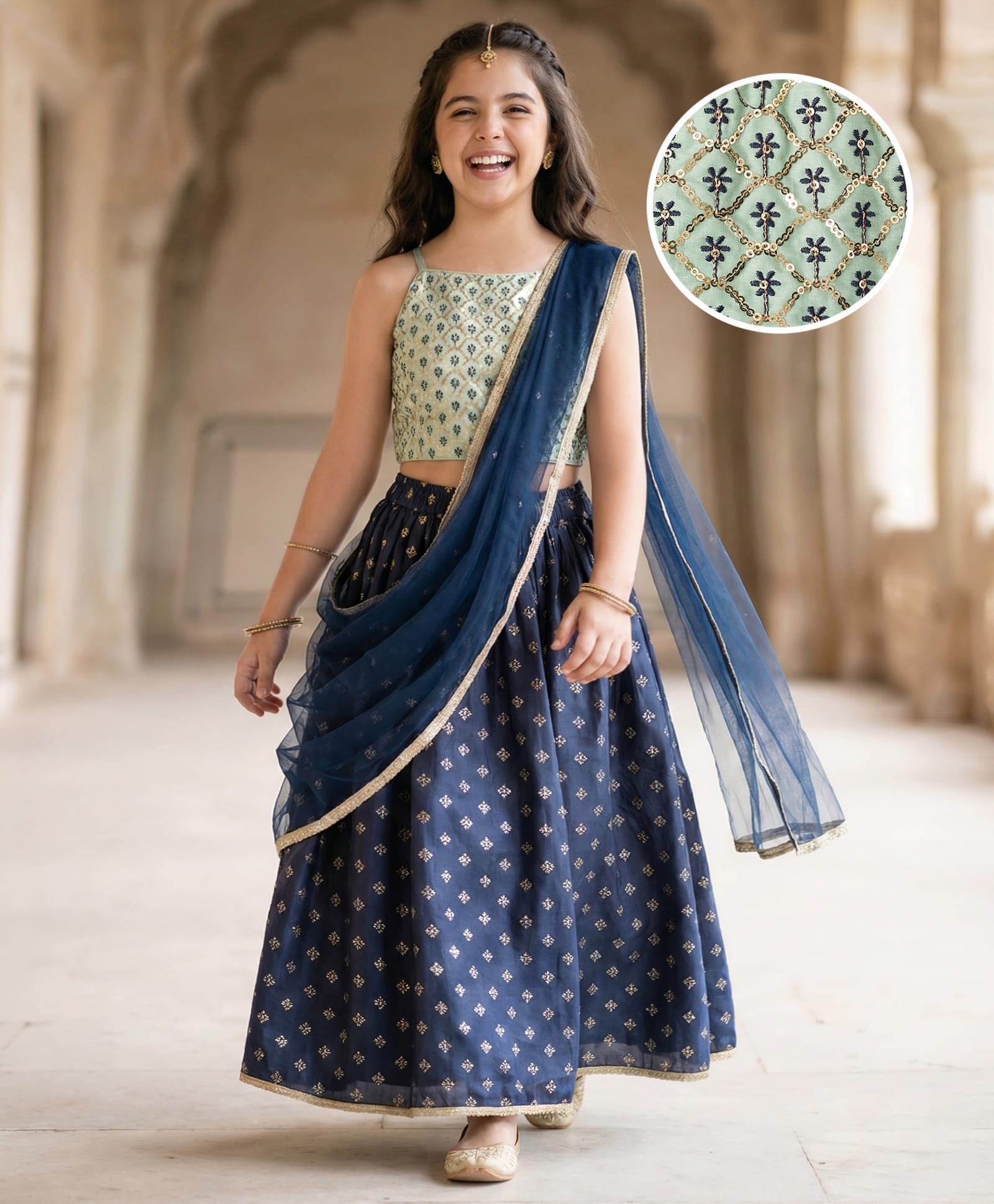 Pine Kids Woven Sleeveless Choli Lehenga Set with Dupatta Sequin Detailing & Floral Glitter Print - Navy Blue-image-18