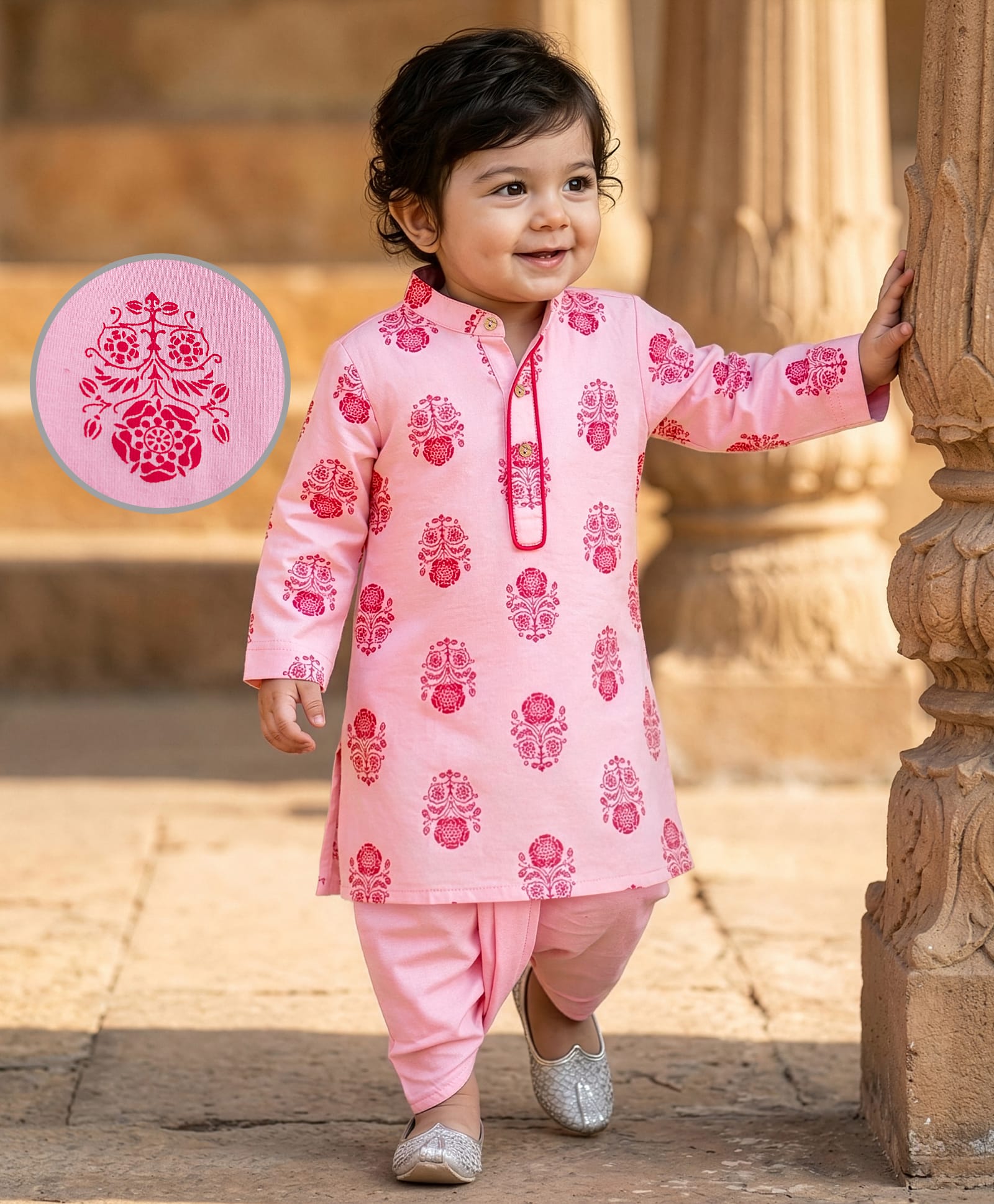 EARTHY TOUCH Single Jersey Knit Full Sleeves Kurta Dhoti Set with Floral Print - Baby Pink-picture-26