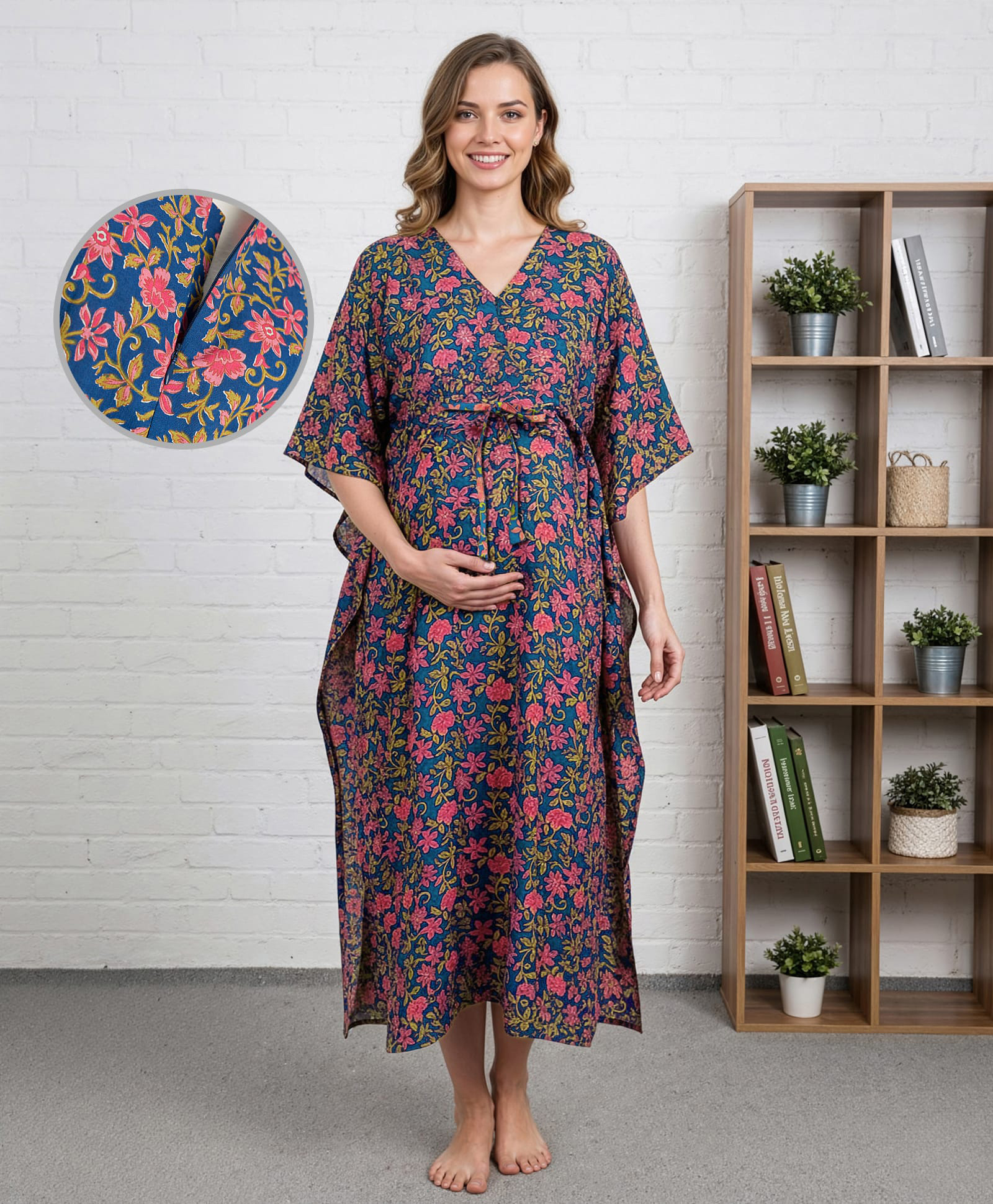 Bella Mama Cotton Woven Maternity Kaftan Nursing Nighty with Floral Print - Blue