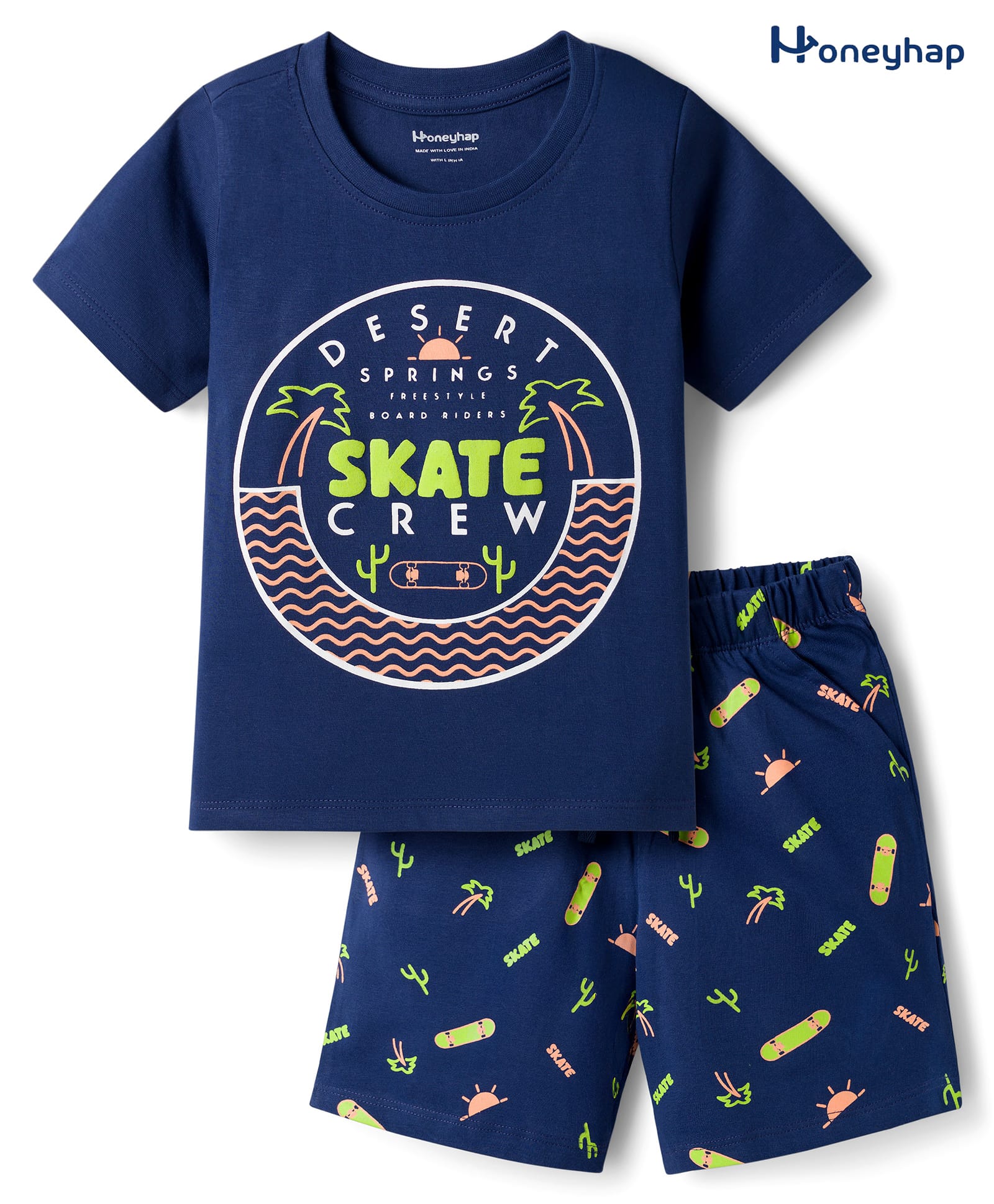 Honeyhap Premium 100% Cotton Knit Half Sleeves Shorts Night Suit With Skateboarding Print - Oceana-image-21
