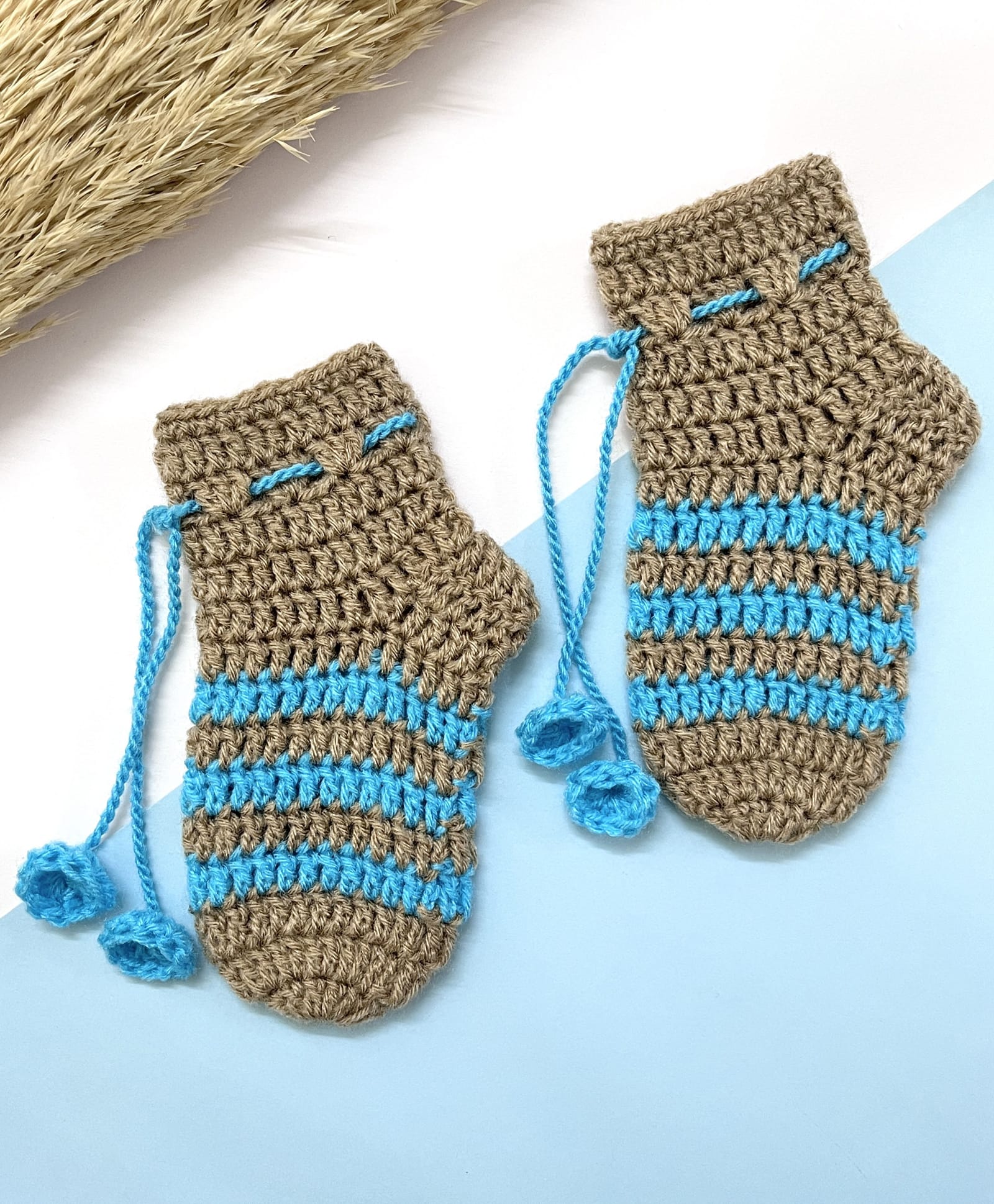Little Peas Striped & Tassels Detailed Handmade Crochet Socks - Beige & Light Blue-image-46
