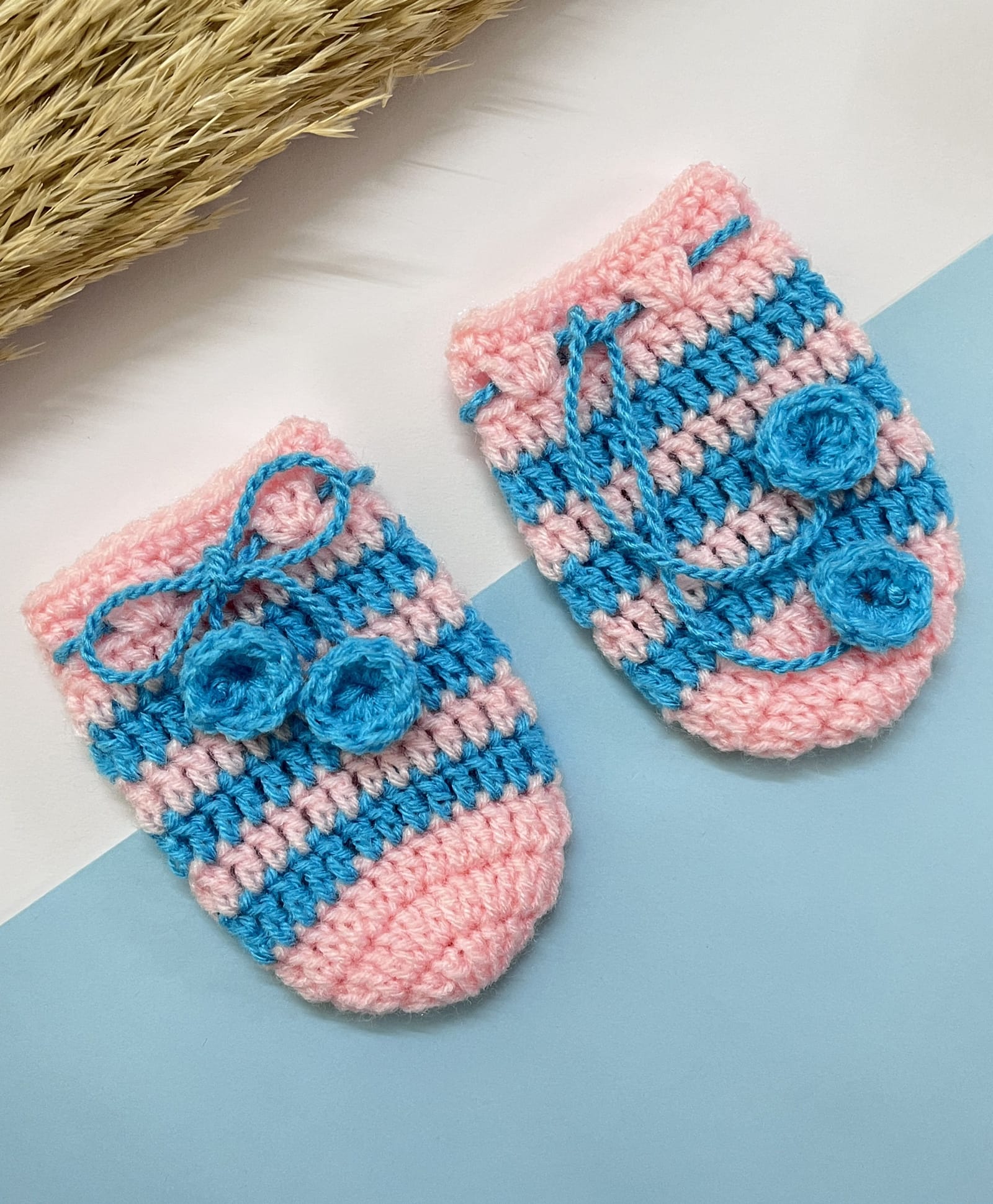 Little Peas Striped Handmade Crochet Mittens - Peach & Light Blue-image-29
