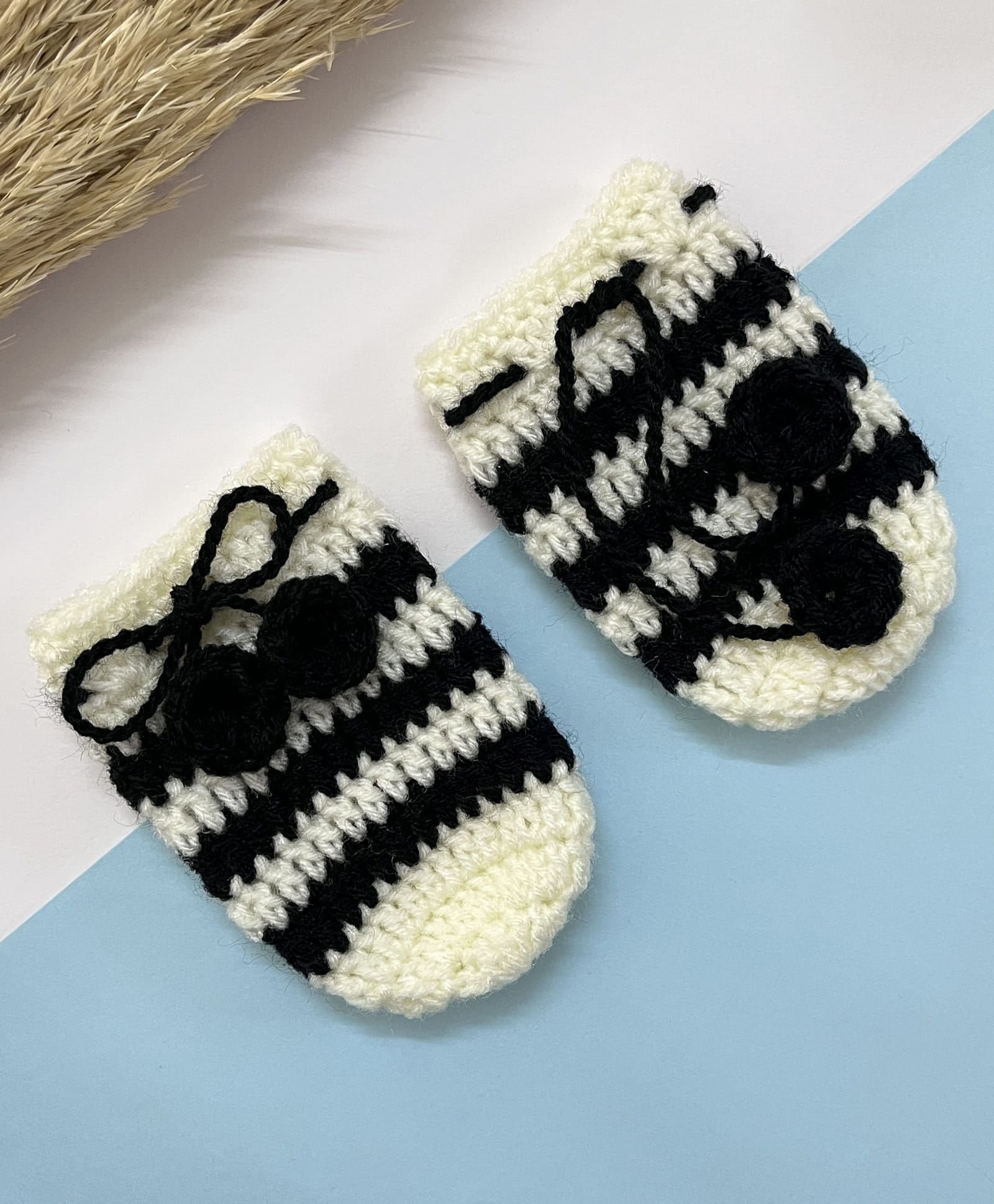 Little Peas Striped Handmade Crochet Mittens - Off White & Black-image-0