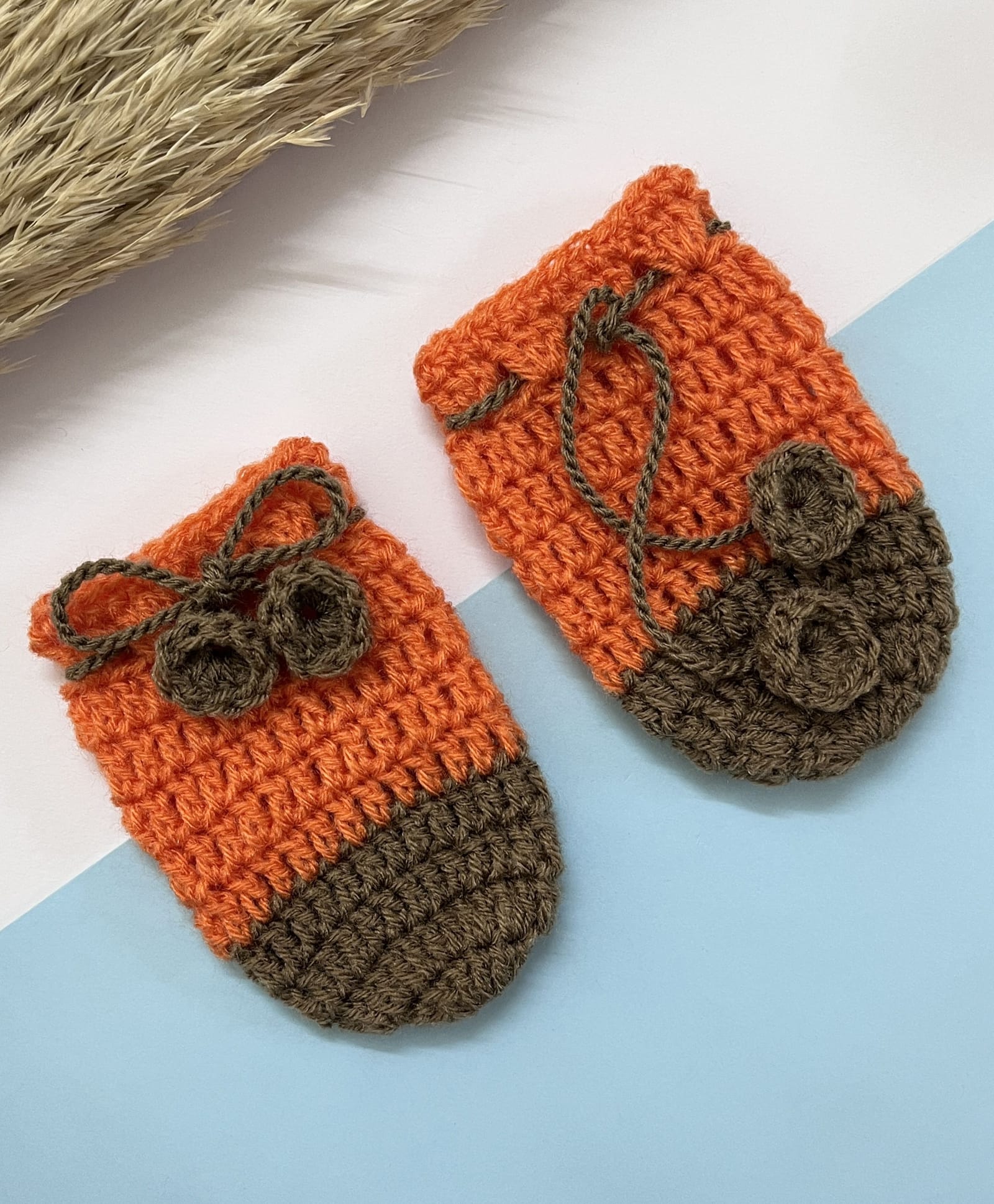 Little Peas Colour Blocked Handmade Crochet Mittens - Orange & Brown-image-30