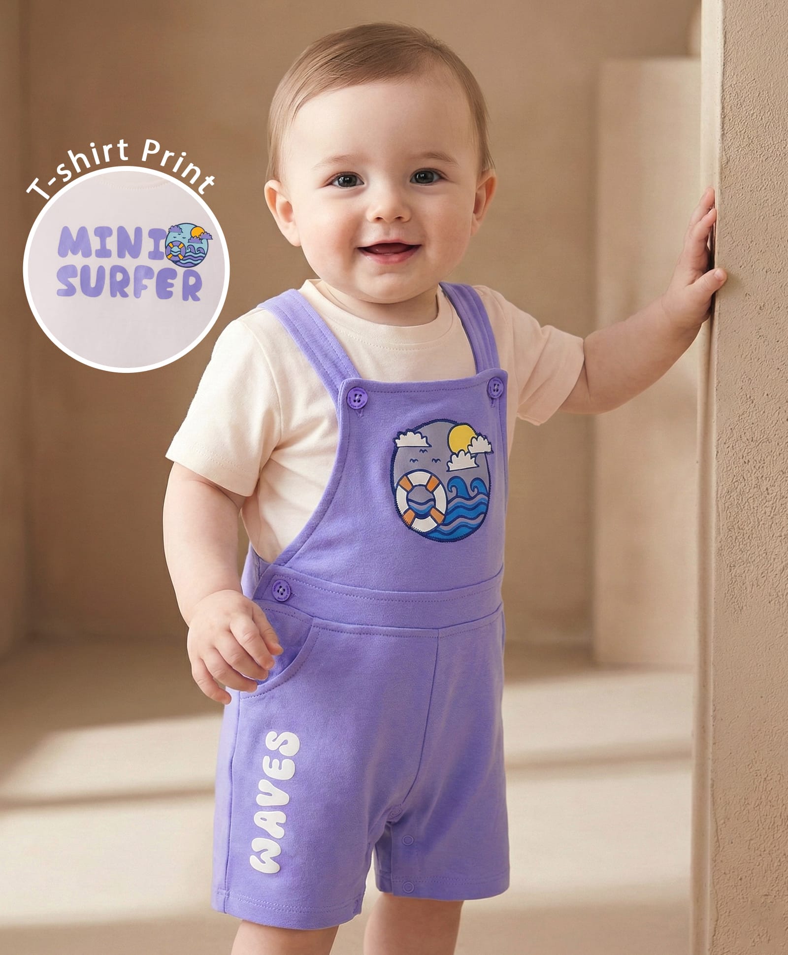 Babyoye 100% Cotton Knit Dungaree & Half Sleeves Inner T-Shirt with Beach Theme Print - Blue-image-42