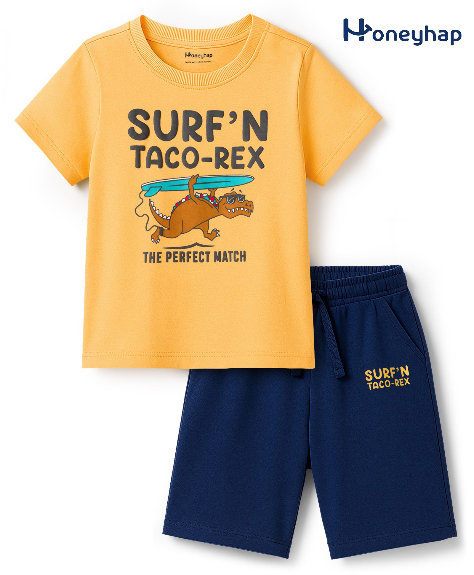 Honeyhap Premium Cotton Knit Half Sleeves Shorts Night Suit With Dino Print - Banana & Oceana-image-20