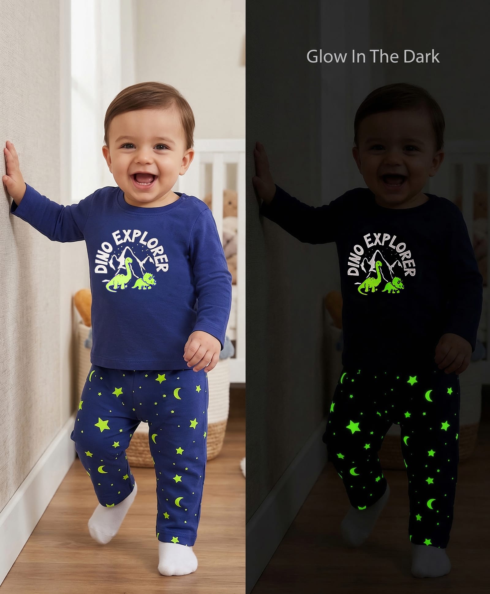 Doodle Poodle 100% Cotton Single Jersey Knit Full Sleeves Night Suit With Glow in Dark Dino Print - Navy Blue & Black-image-34