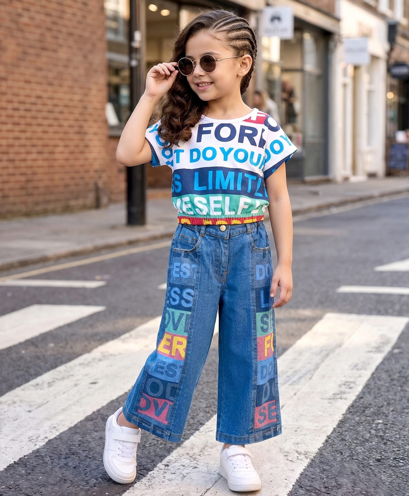 OLLINGTON ST. Cotton Knit Half Sleeves Text Printed Top & Stretchable Denim Pant Set - Blue-image-47