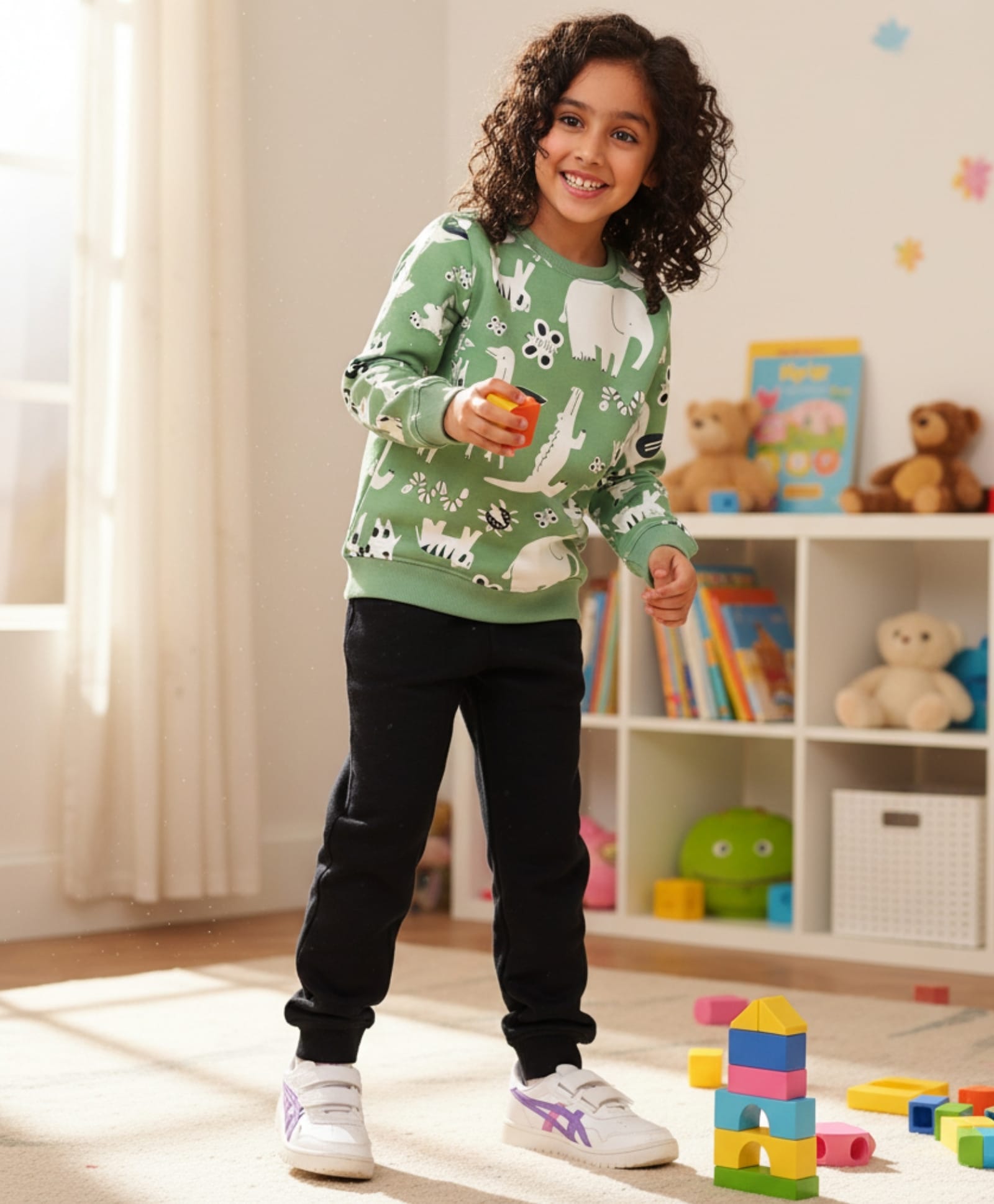 Anthrilo Fleece Knit Full Sleeves Animals Printed Sweatshirt With Joggers - Green & Black-picture-32