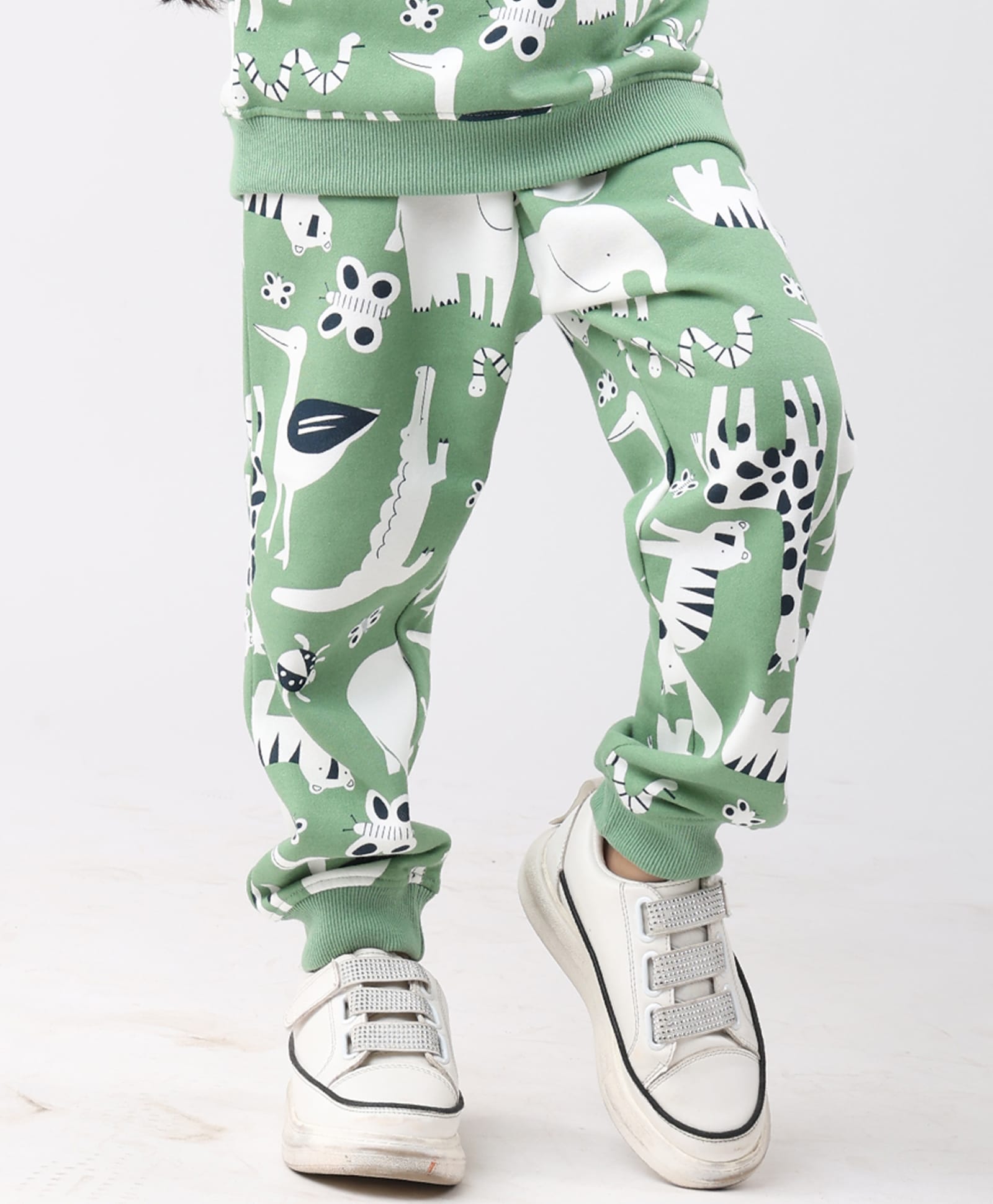 Anthrilo Fleece Knit Wild Animals Printed Winter Joggers - Green