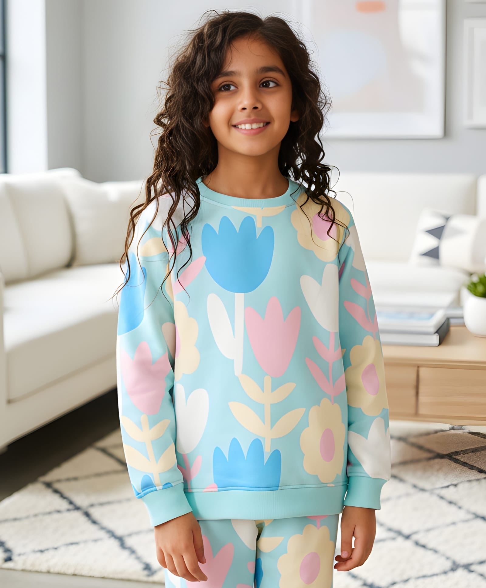 Anthrilo Fleece Knit Full Sleeves Floral Printed Light Winter Sweatshirt - Aqua-picture-34