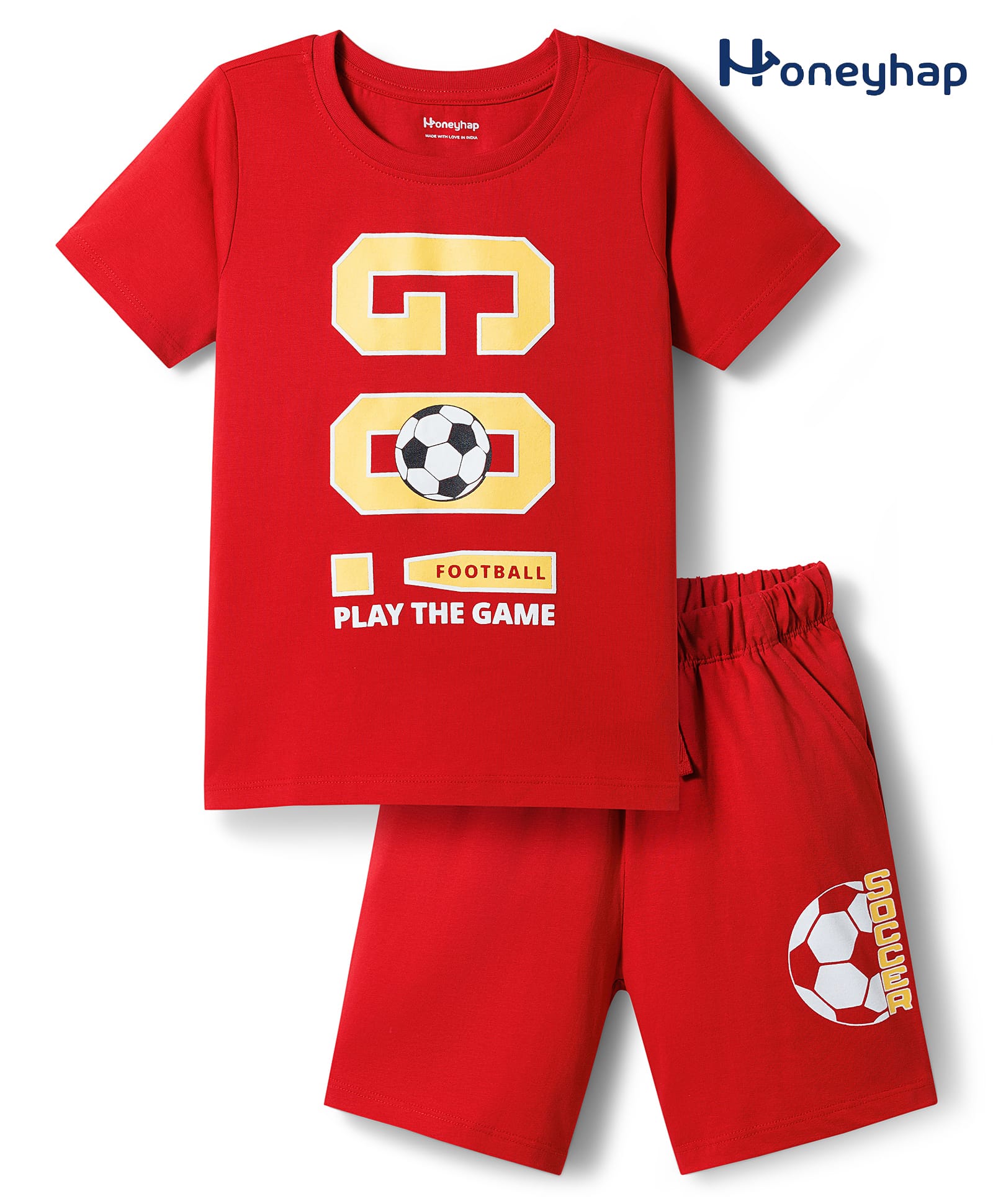 Honeyhap Premium 100% Cotton Half Sleeves Shorts Night Suit With Bio Finsih & Text Print - Mars Red-picture-9