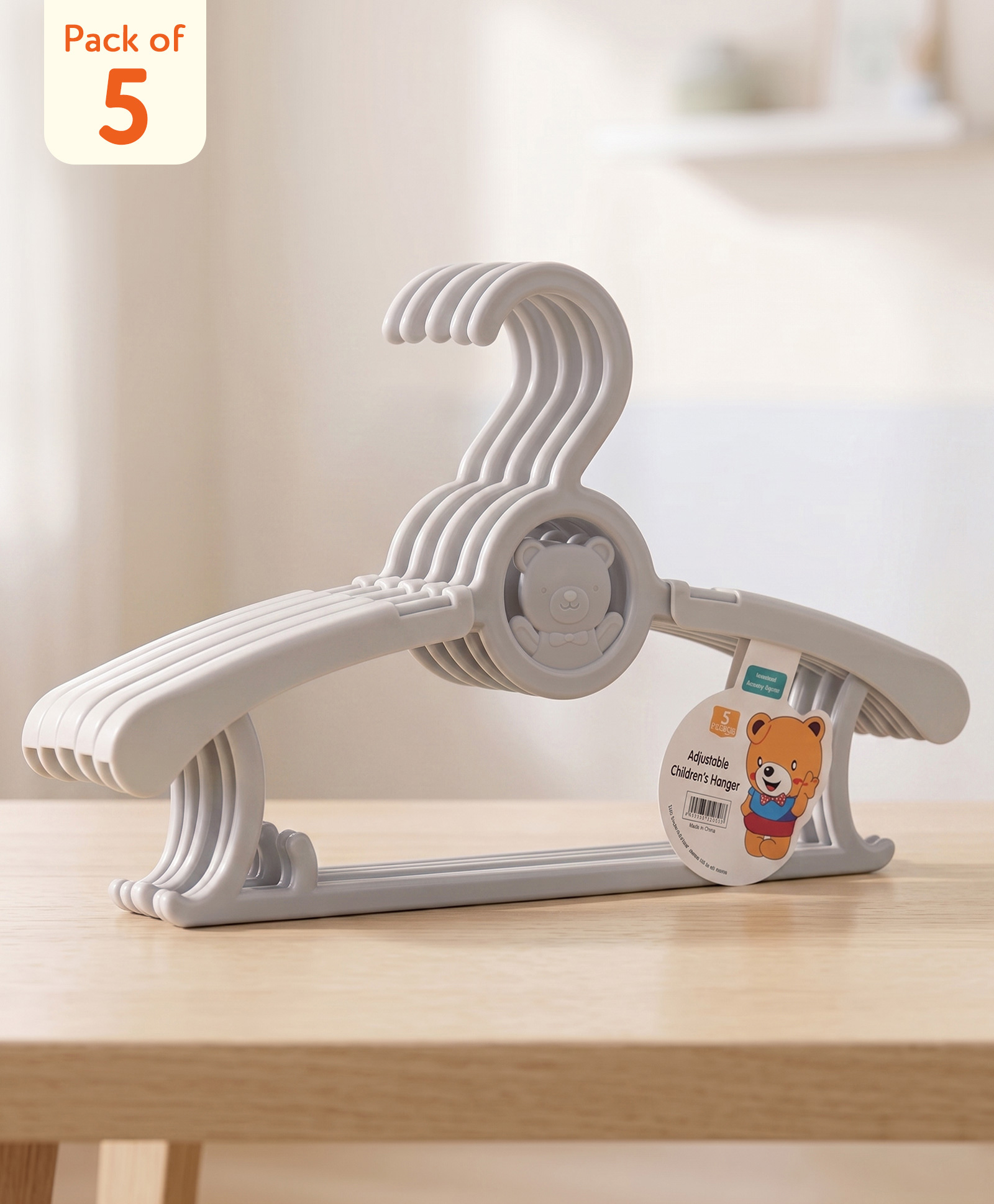 Adjustable Baby Plastic Hangers with Bear Design - Pack of 5 Grey| for Newborn & Infant Clothes| Durable Closet & Drying Hangers-image-16