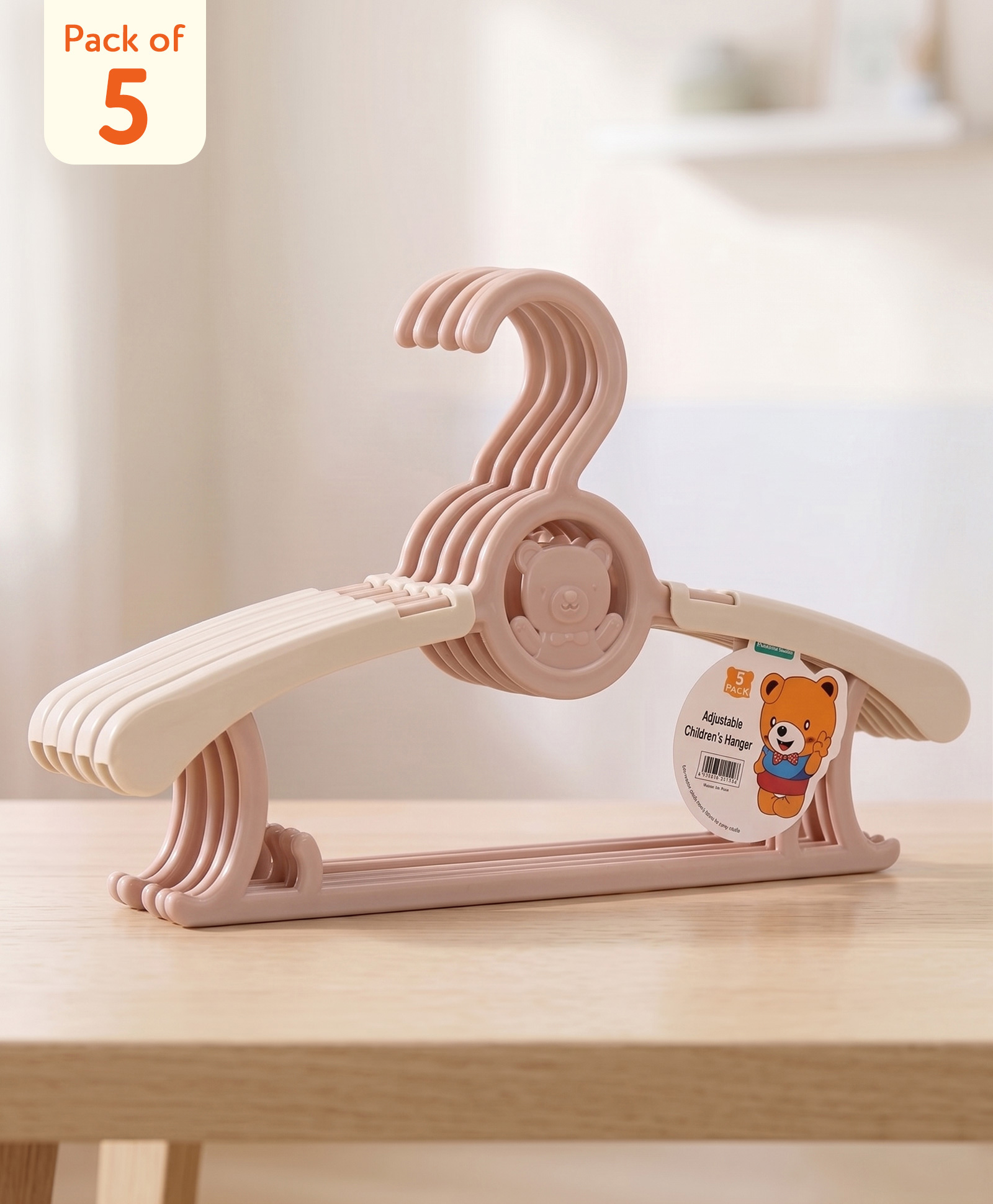 Adjustable Baby Plastic Hangers with Bear Design - Pack of 5 Pink| for Newborn & Infant Clothes| Durable Closet & Drying Hangers-image-14