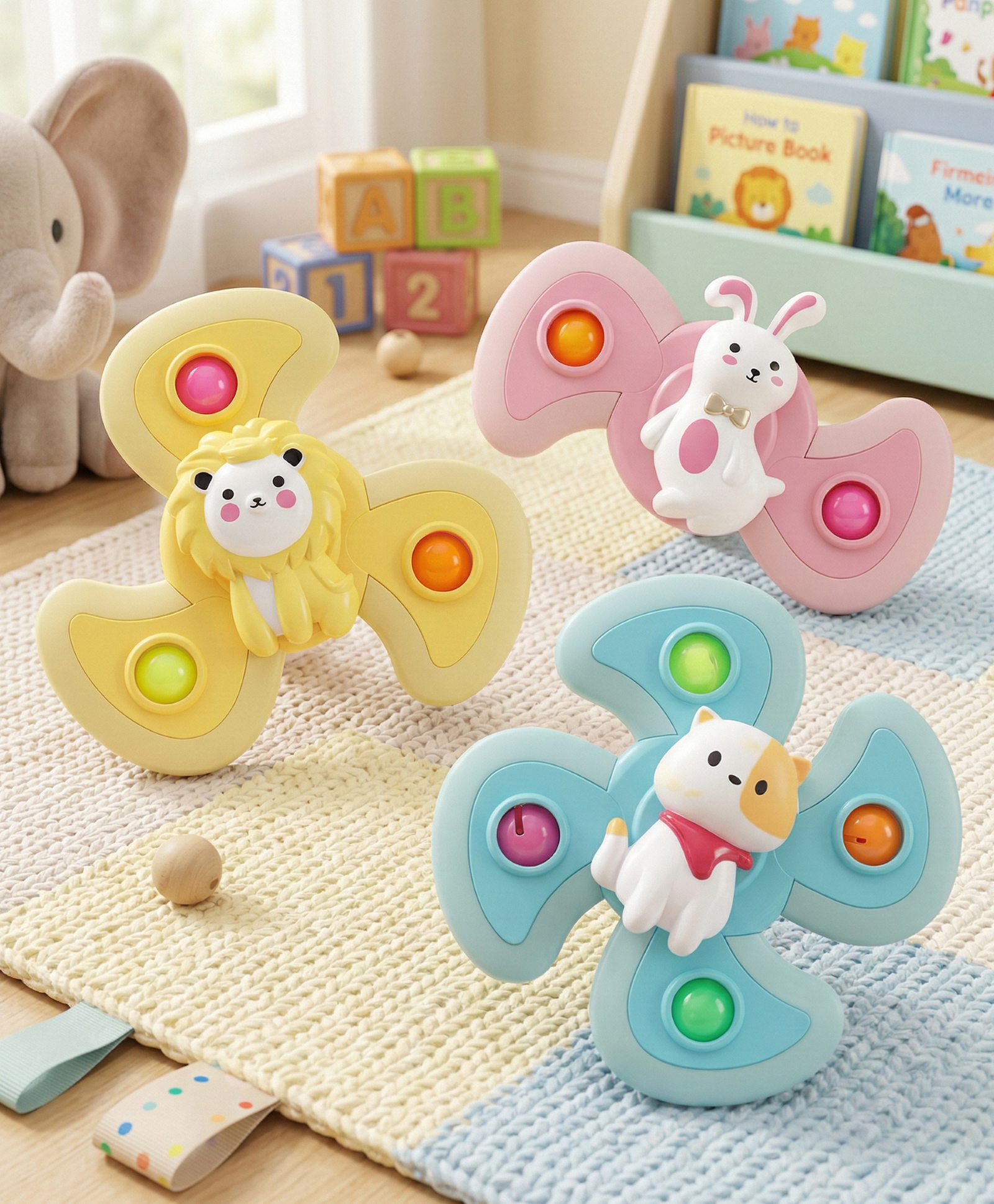 Play Nation 3 Pcs Spinner with Suction Cup Toys for Baby Animal Theme - Multicolor| Playtime for Hand-Eye Coordination| Toddler Fidget Rattle for Motor Skills Development| Age- 4+ Months|BIS Certified-image-2