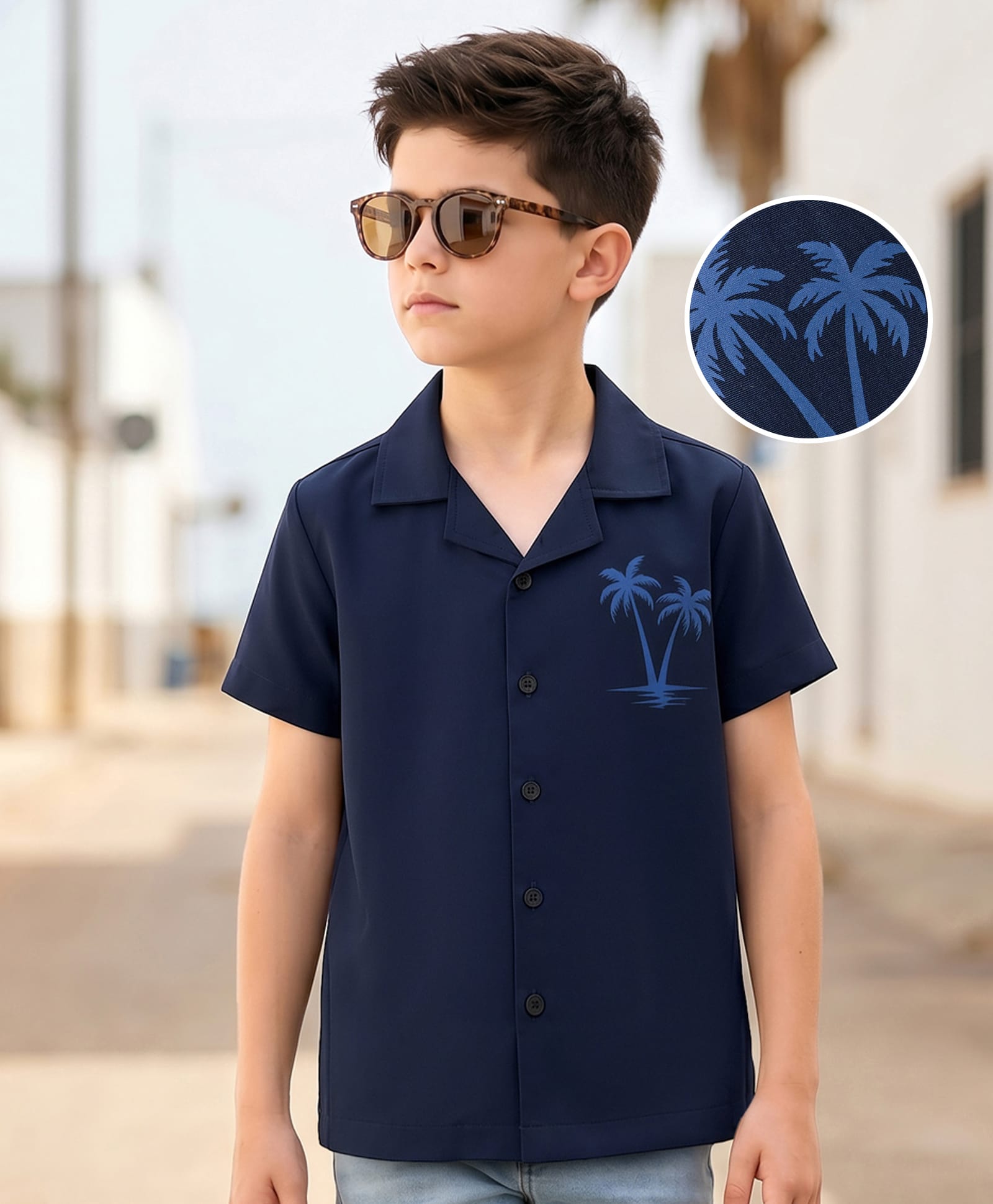 Kookie Kids Cotton Woven Half Sleeves Shirt With Tree Print - Navy Blue-image-24