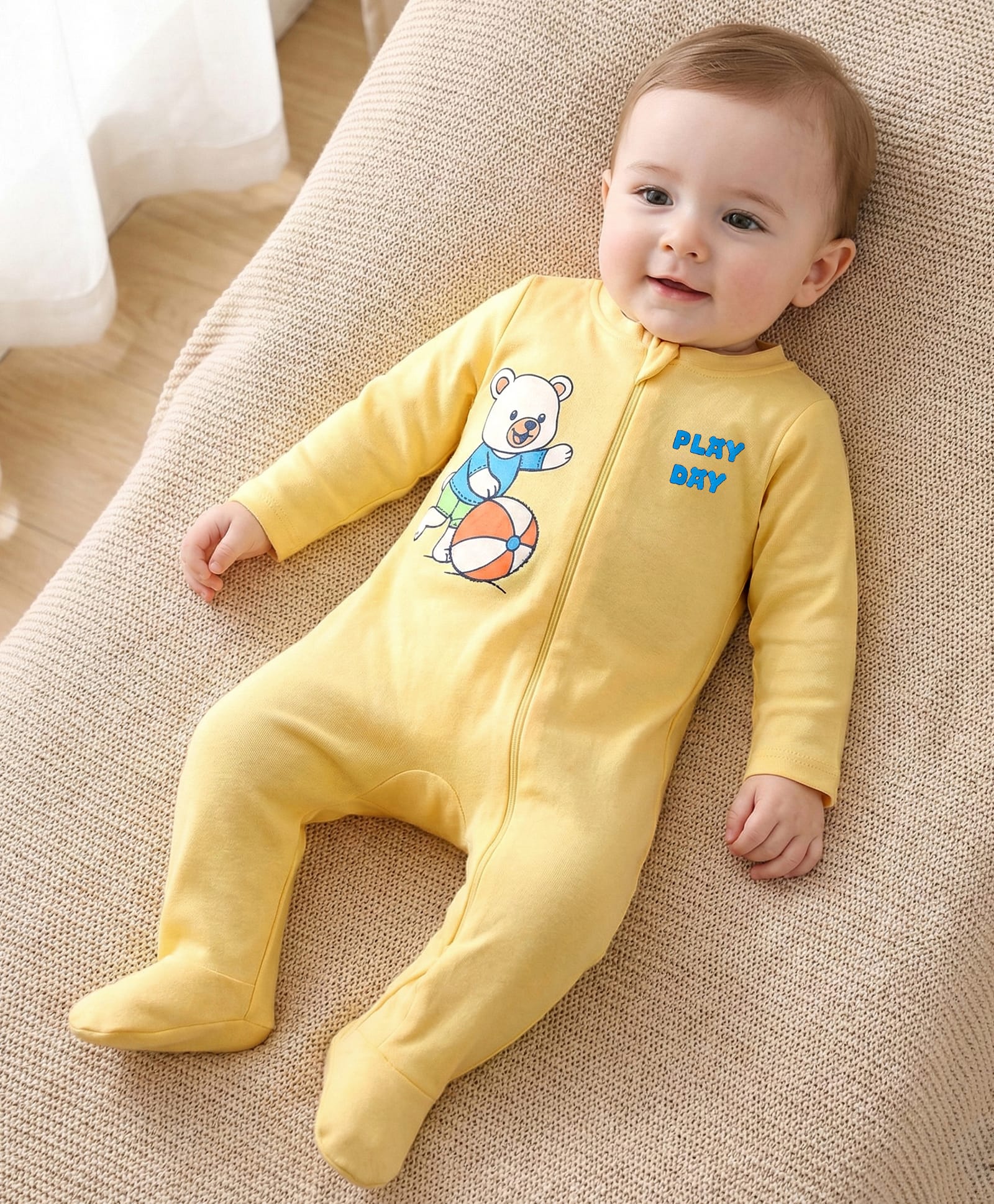 Babyoye 100% Cotton Interlock Knit Full Sleeves Footed Sleepsuit With Bear Print - Yellow-picture-42