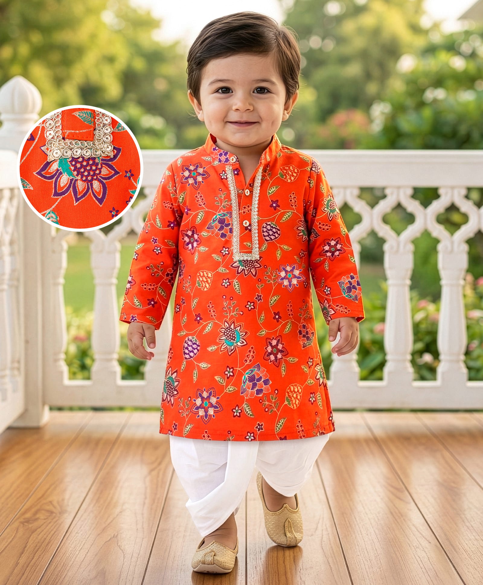 EARTHY TOUCH Single Jersey Knit Full Sleeves Kurta Dhoti Set With Floral Print & Sequin Detailing - Orange-image-31