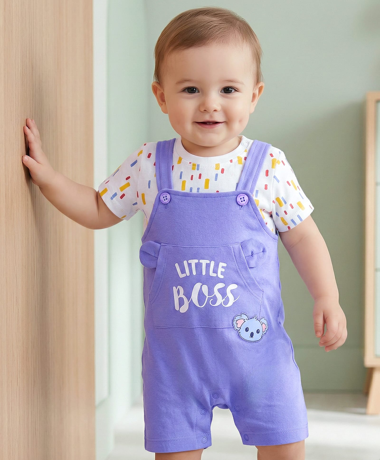 Babyoye 100% Cotton Knit Half Sleeves Romper with Text Print & Patch Detailing - Blue-image-30