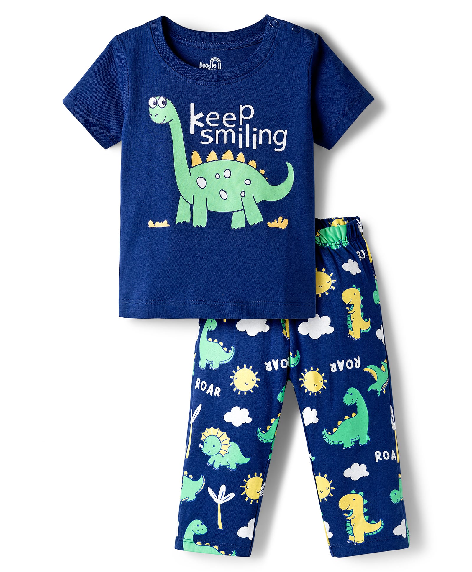 Doodle Poodle 100% Cotton Knit Half Sleeves Dino Printed T-Shirt & Pyjama Night Suit - Navy Blue-picture-31