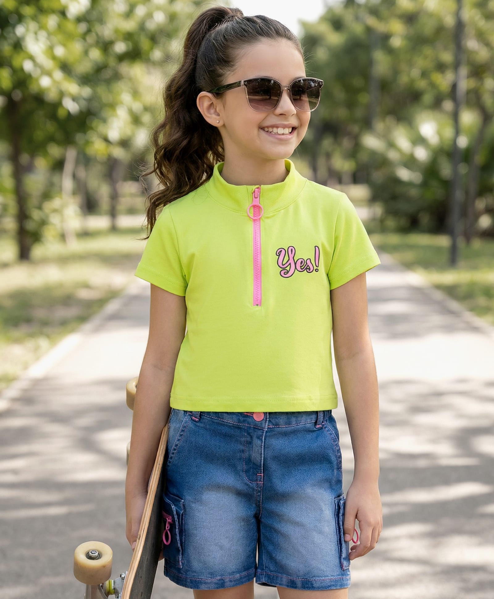 OLLINGTON ST. Cotton Knit Half Sleeves Top & Stretchable Denim Shorts Set - Limegreen & Blue-picture-20