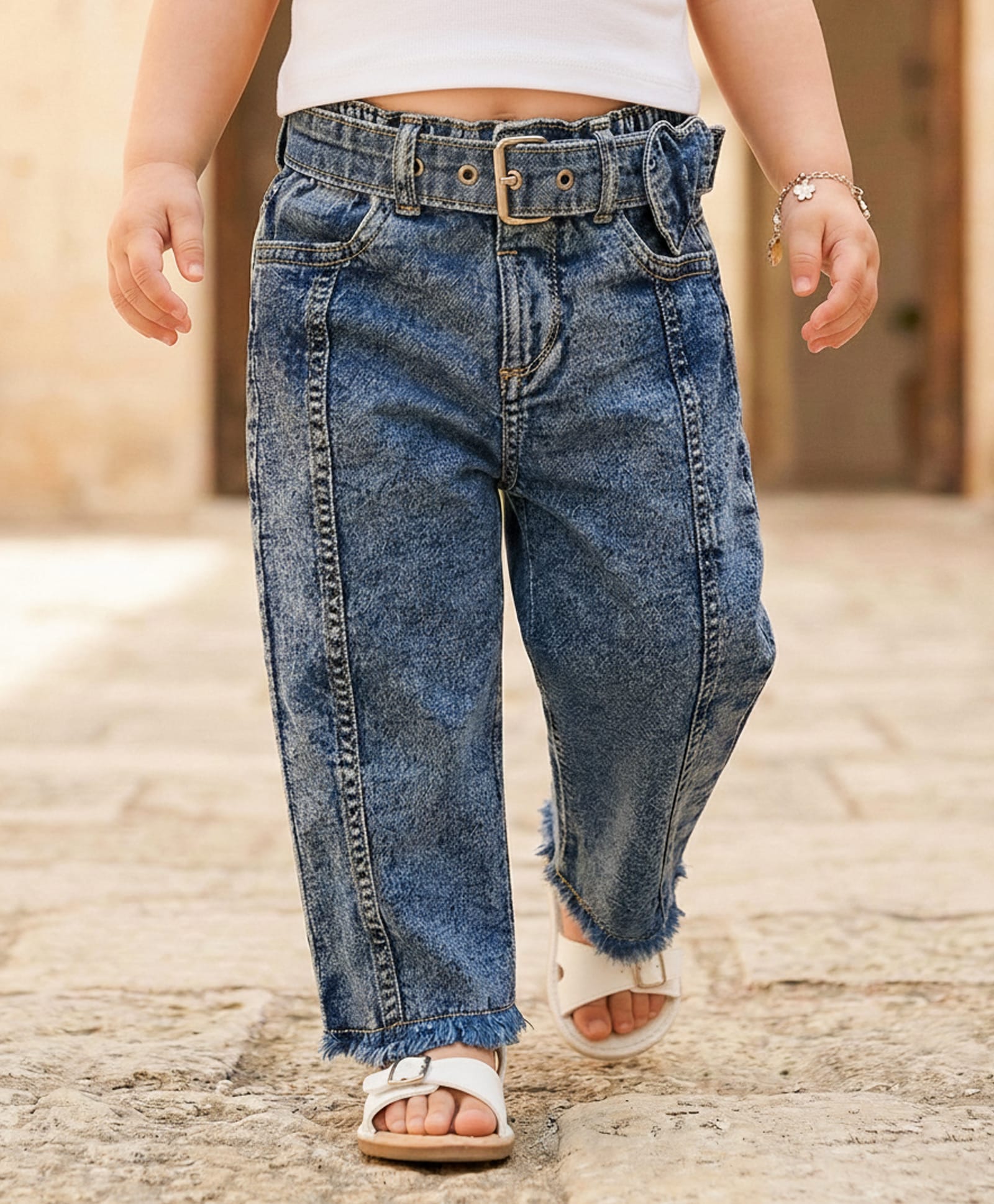 Babyoye 100% Cotton Lycra Woven Full Length Cut N Sew Washed Denim Jeans With Belt - Blue-picture-11