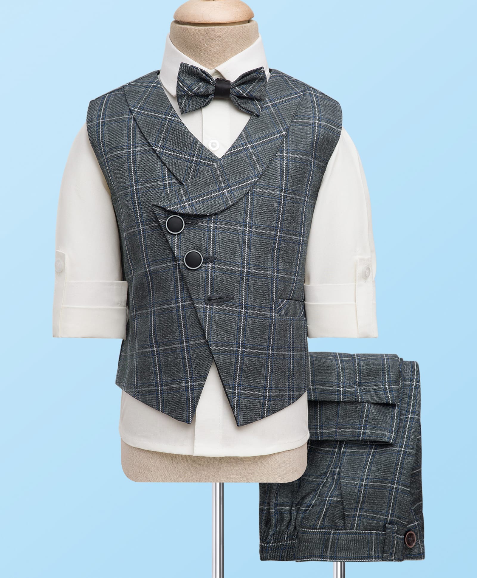 Rikidoos Full Sleeves Checked 3 Piece Party Suit Set With Bow - Grey & White-picture-35