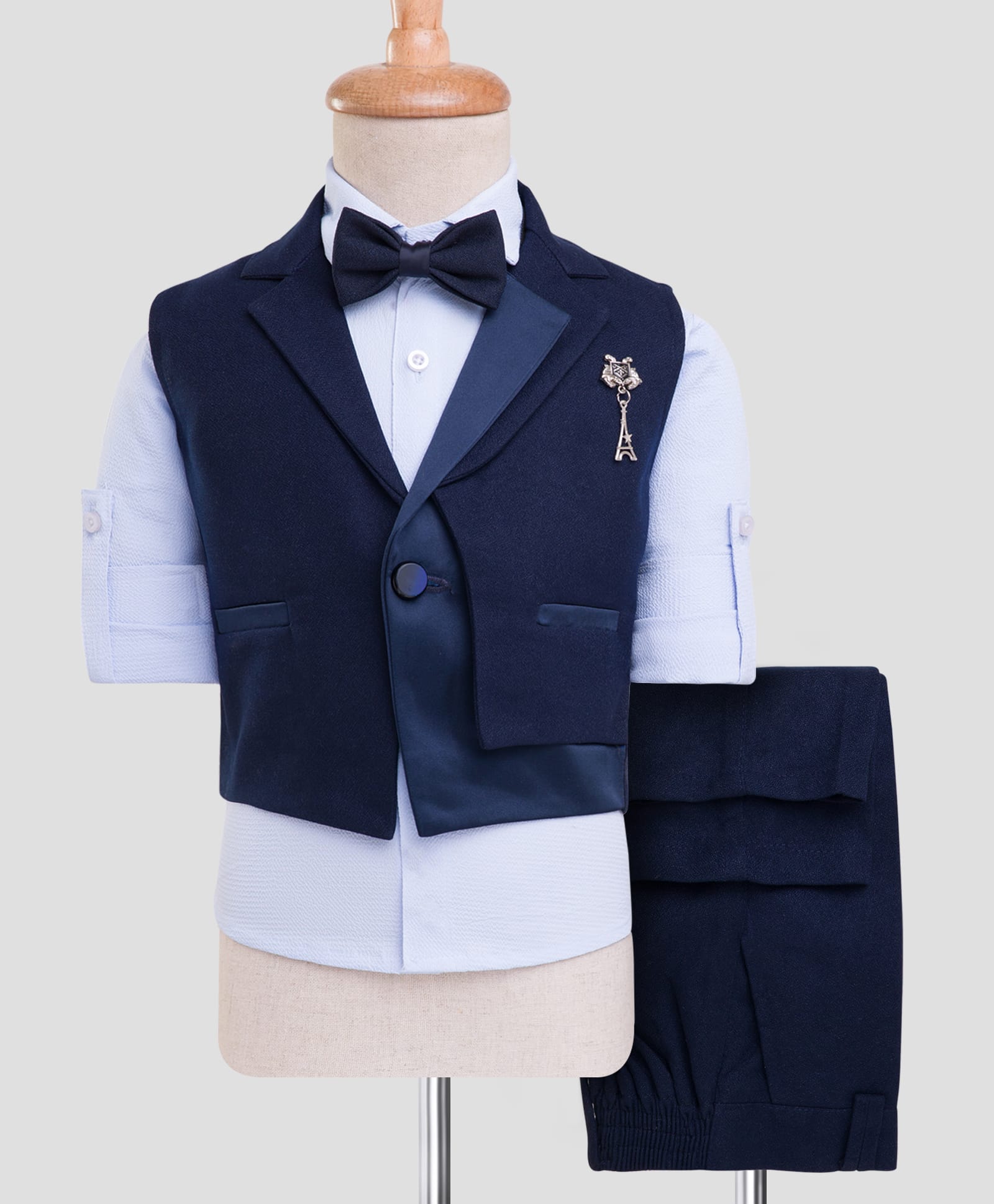 Rikidoos Full Sleeves Solid 3 Piece Suit Set With Bow - Navy Blue & Light Blue-picture-37