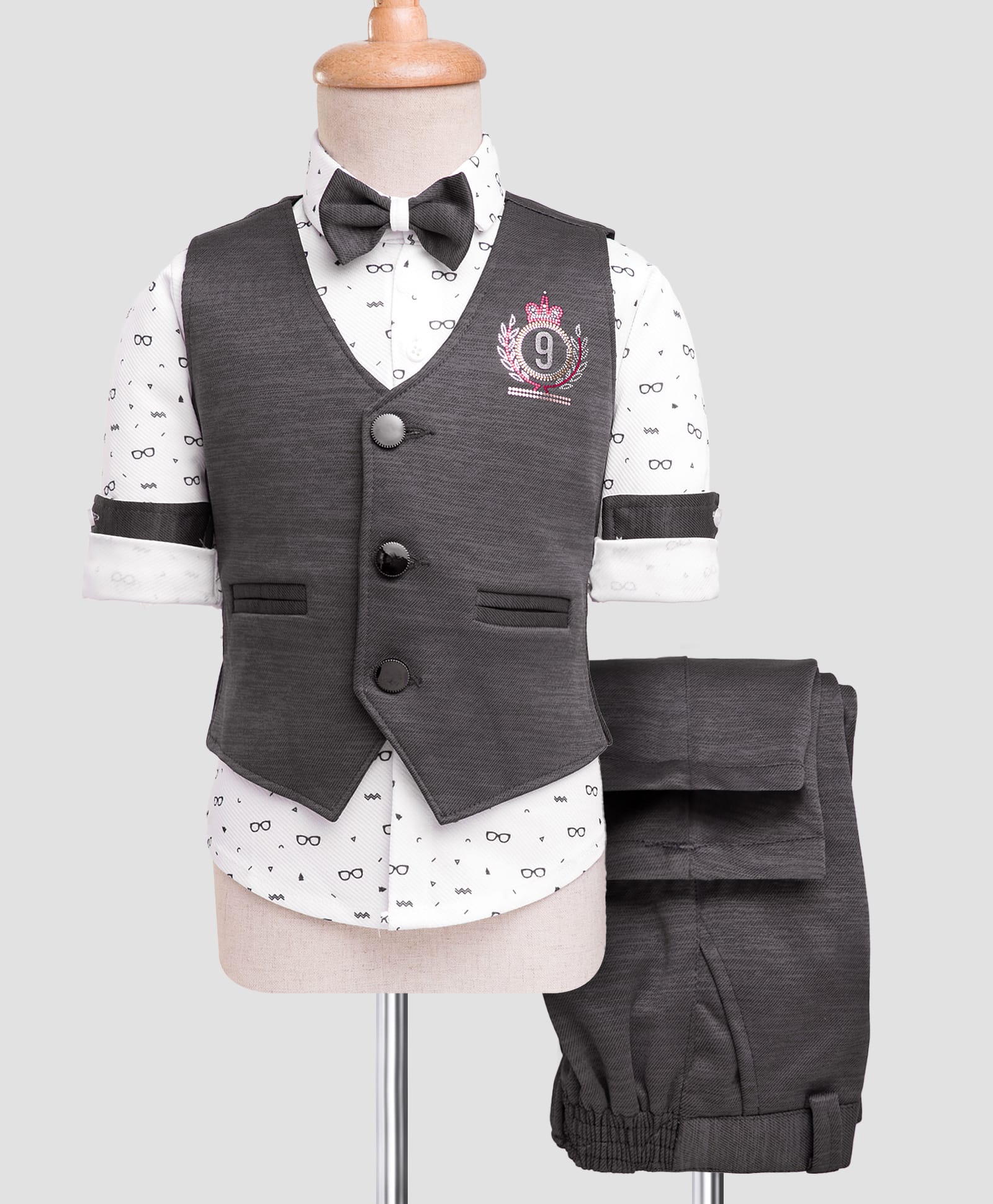 Rikidoos Full Sleeves 9 Number Foil Dots Printed 3 Piece Party Suit Set With Bow - Olive Green & White-image-16