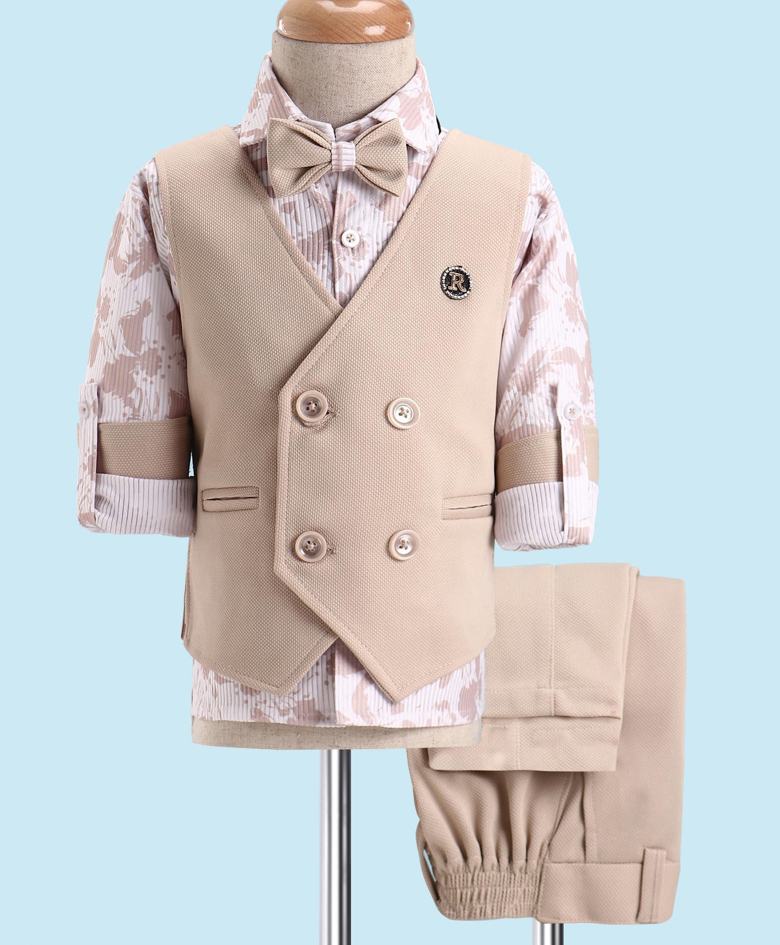 Rikidoos Full Sleeves Abstract Printed 3 Piece Suit Set With Bow - Beige & White-picture-27