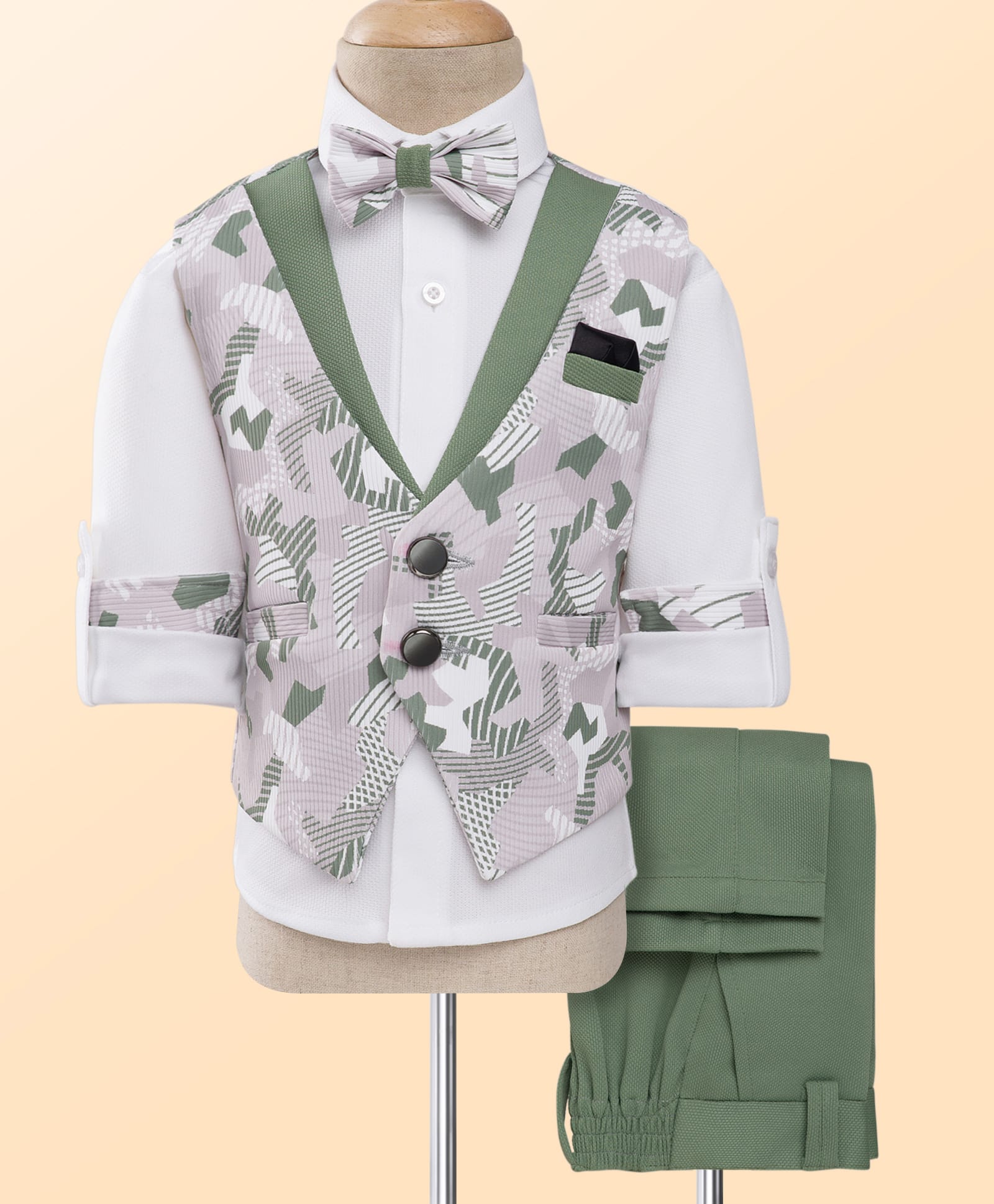 Rikidoos Full Sleeves Abstract Printed 3 Piece Suit Set With Bow - White & Pista Green-image-3