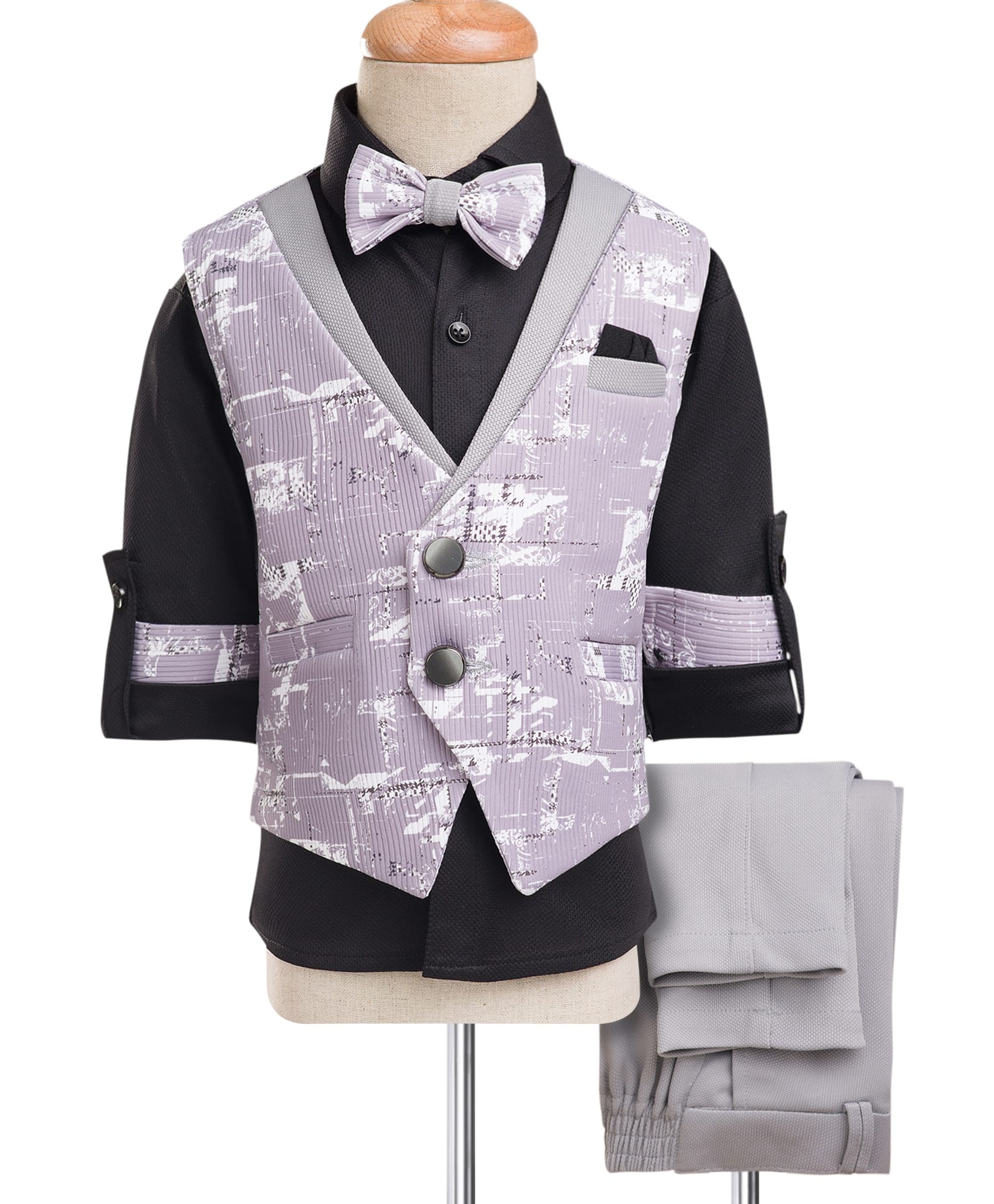Rikidoos Full Sleeves Abstract Printed 3 Piece Suit Set With Bow - Black & Grey-picture-22