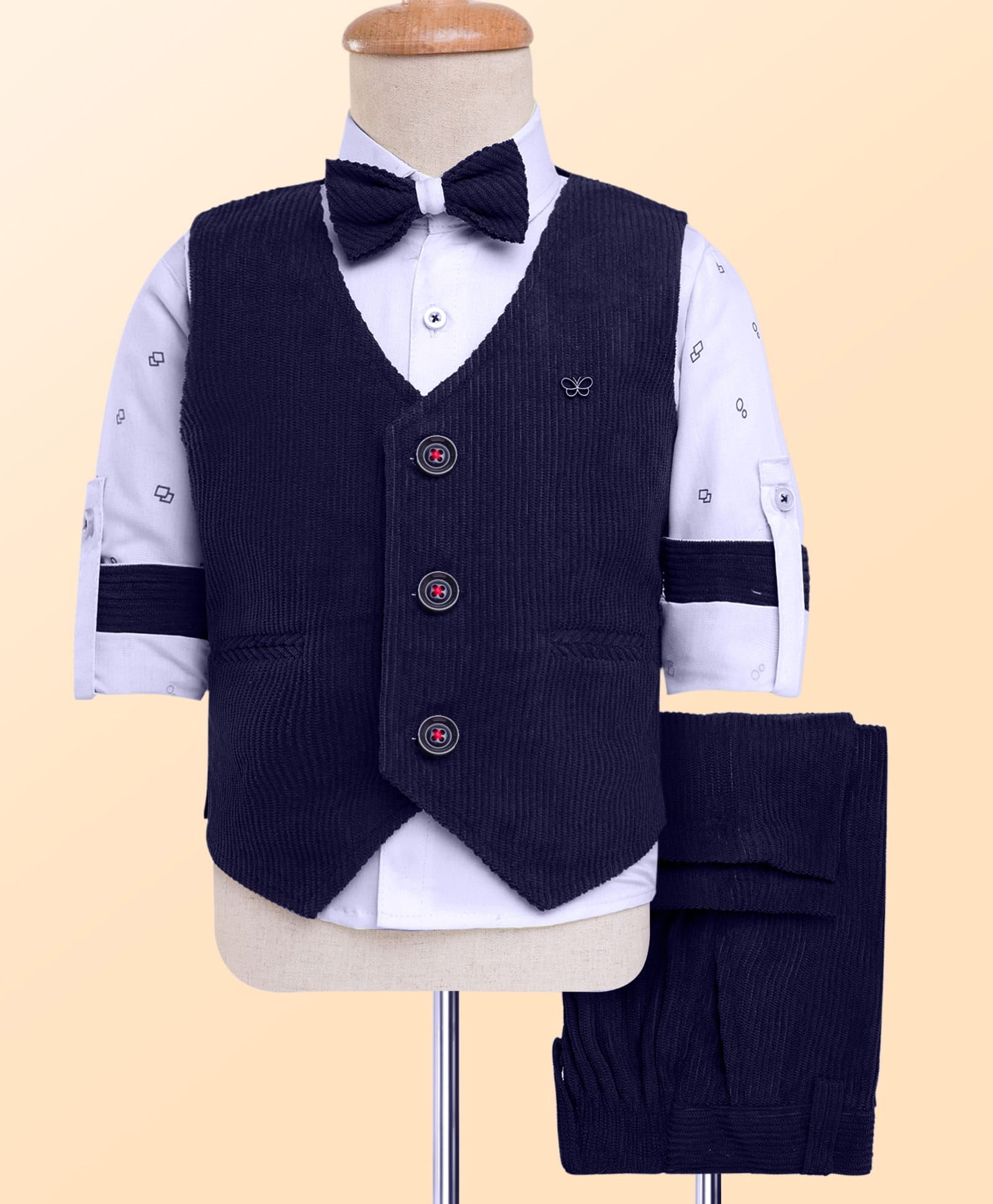 Rikidoos Full Sleeves Geometric Printed 3 Piece Party Suit Set With Bow - Navy Blue & Light Blue-image-25