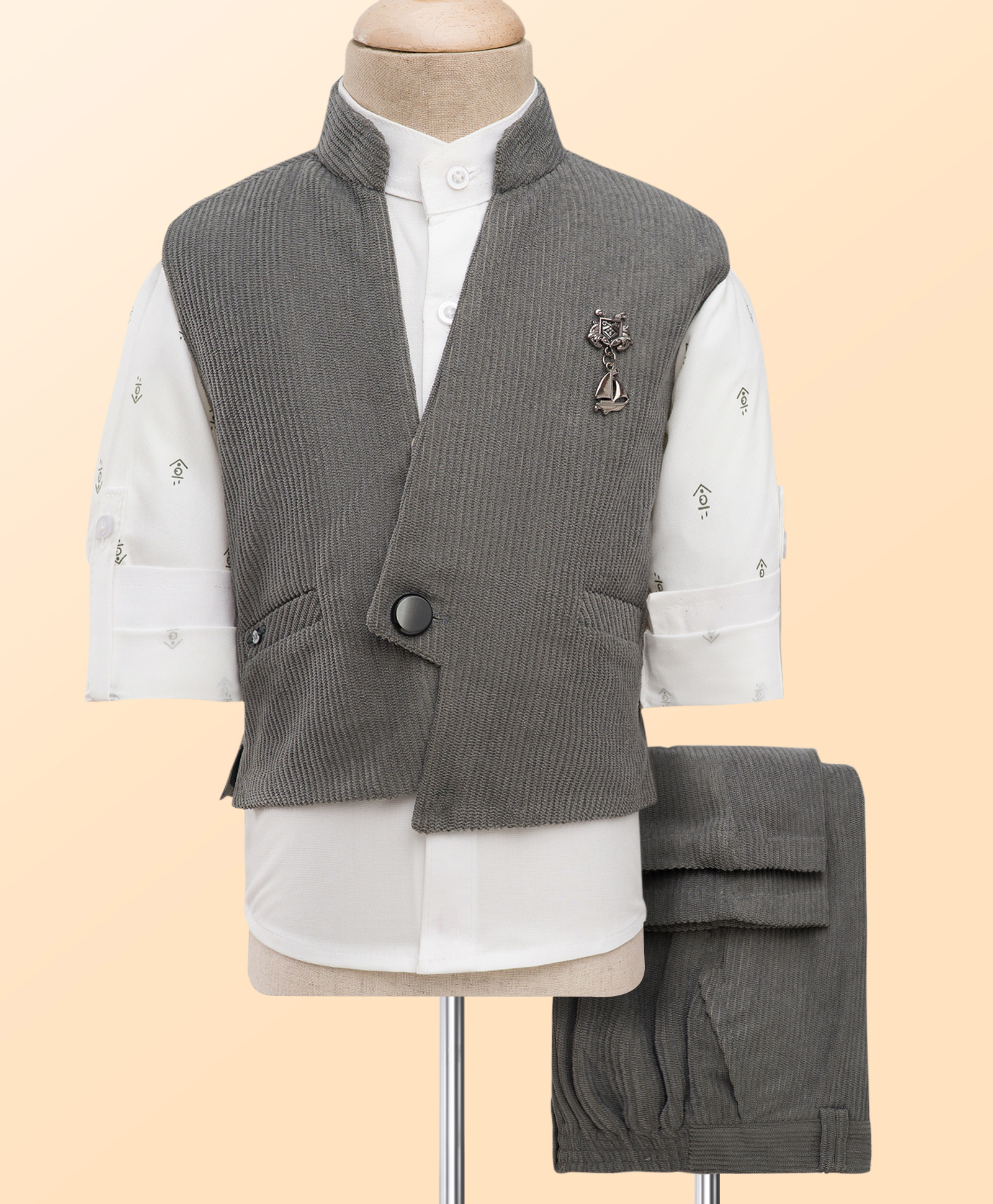 Rikidoos Full Sleeves Abstract Printed Brooch Detailed 3 Piece Party Suit Set - Grey & White-picture-18