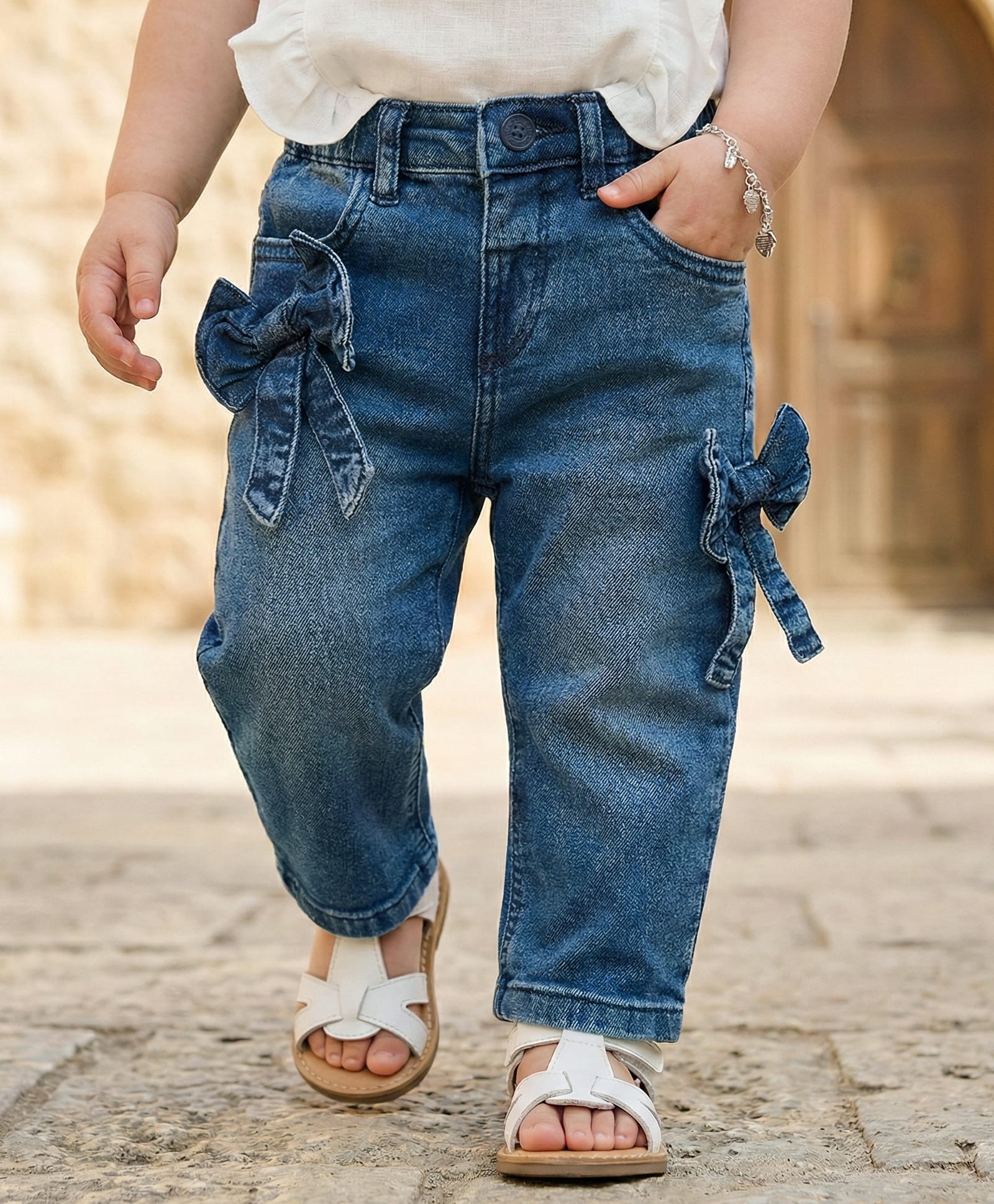 Babyoye 100% Cotton Lycra Woven Full Length Washed Denim Jeans With Bow Applique - Blue-image-20