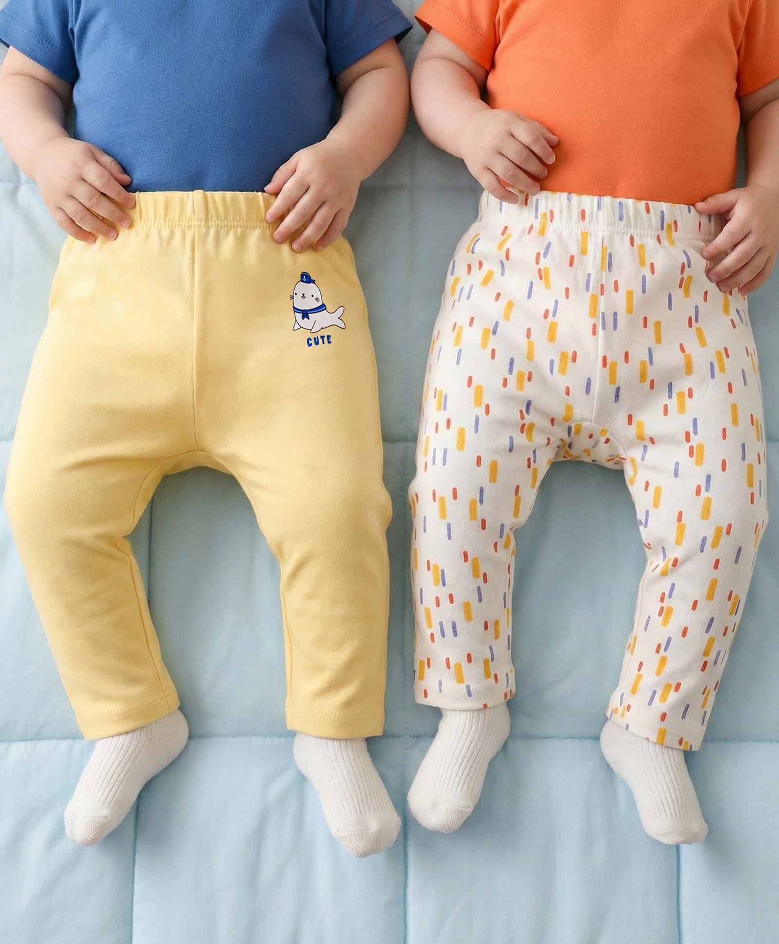 Babyoye 100% Cotton Interlock Knit Printed Diaper Leggings Pack Of 2 - Yellow & White-picture-10
