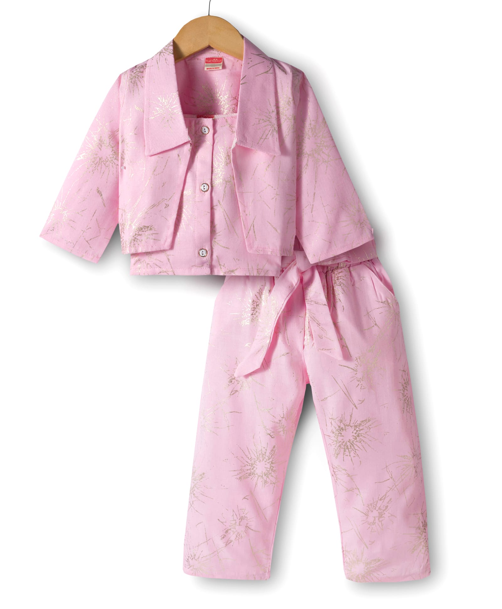 Twetoons Woven Full Sleeves Jacket Top and Trouser Set With Abstract Foil Print - Pink-image-14