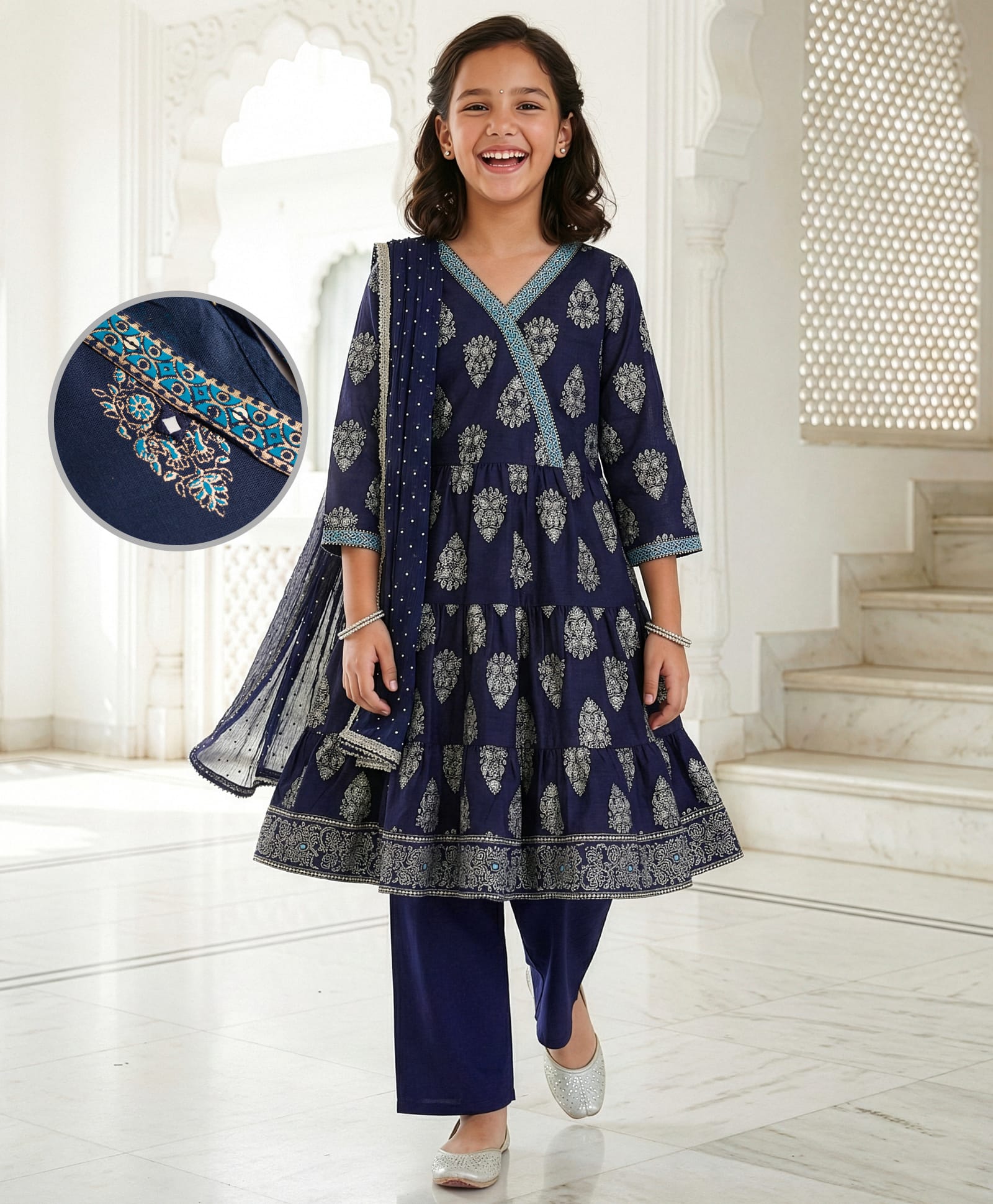 Pine Kids Viscose Woven Full Sleeves Kurta Salwar & Dupatta Set With Floral Foil Print - Navy Blue