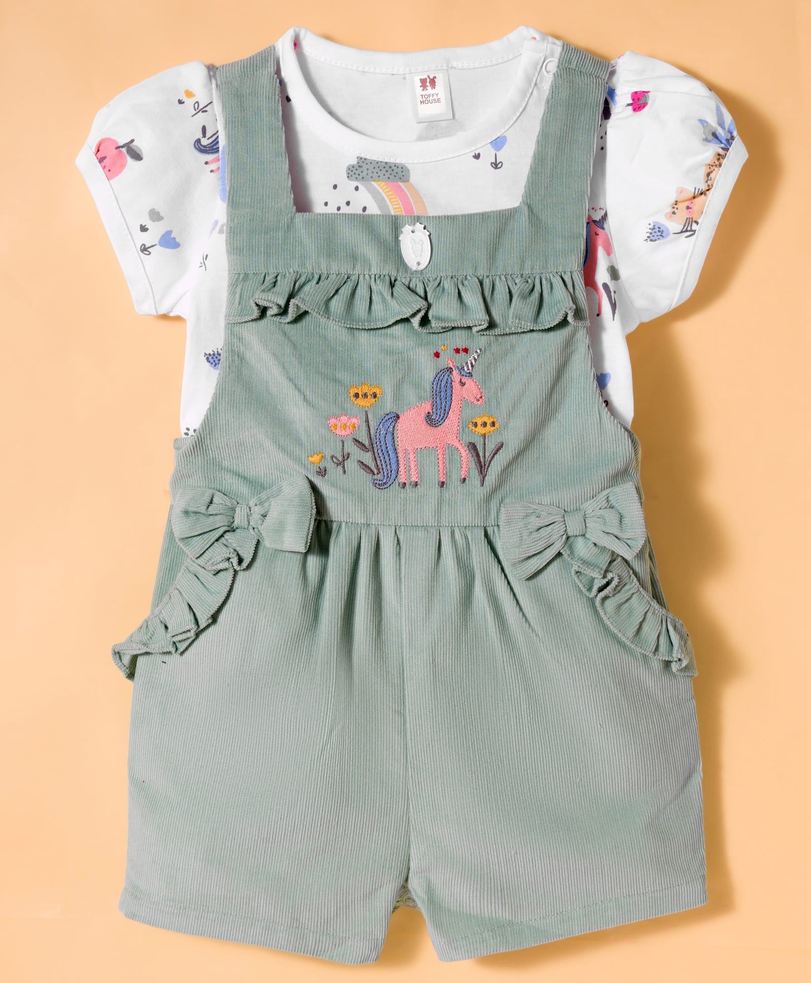 ToffyHouse Cotton Knit Half Sleeves T-Shirt & Dungaree with Animal Print & Embroidery - Light Green & White-image-28