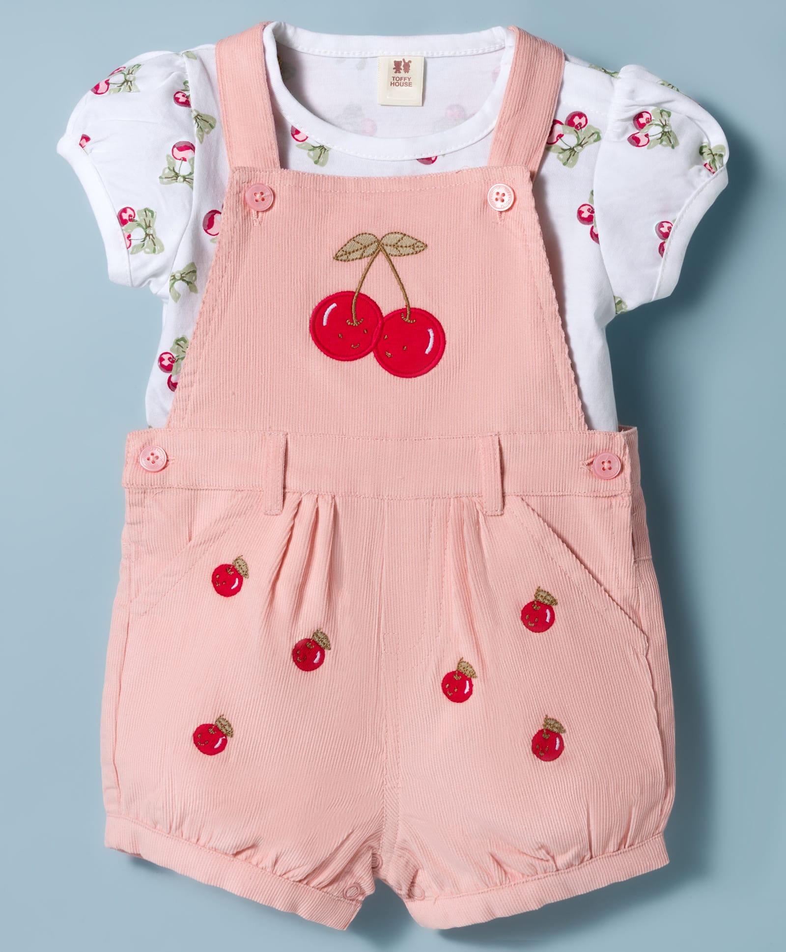 ToffyHouse Knitted Woven Dungaree & Half Sleeves Inner Tee With Cherry Embroidery & Print - Light Pink & White-picture-32