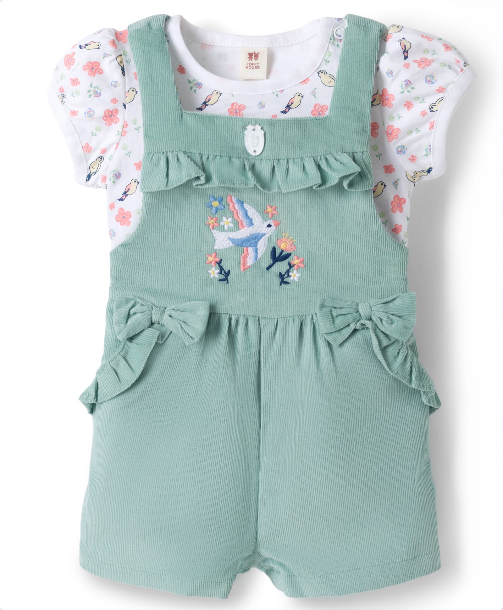 ToffyHouse Cotton Knit Dungaree & Half Sleeves T-Shirt With Floral & Bird Print & Embroidery - Mint Green & White-image-41