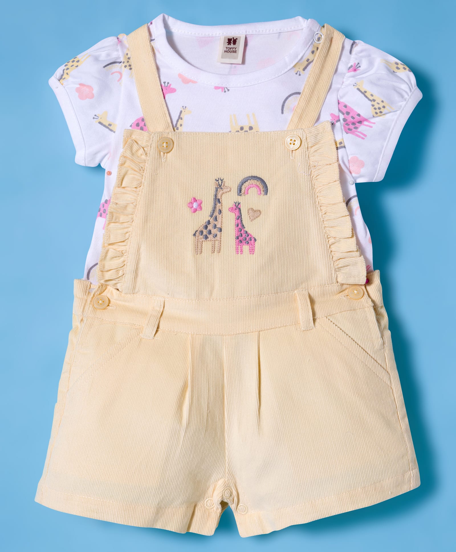 ToffyHouse Cotton Knit Dungaree & Half Sleeves T-Shirt With Giraffe Print & Embroidery - Lemon-image-38