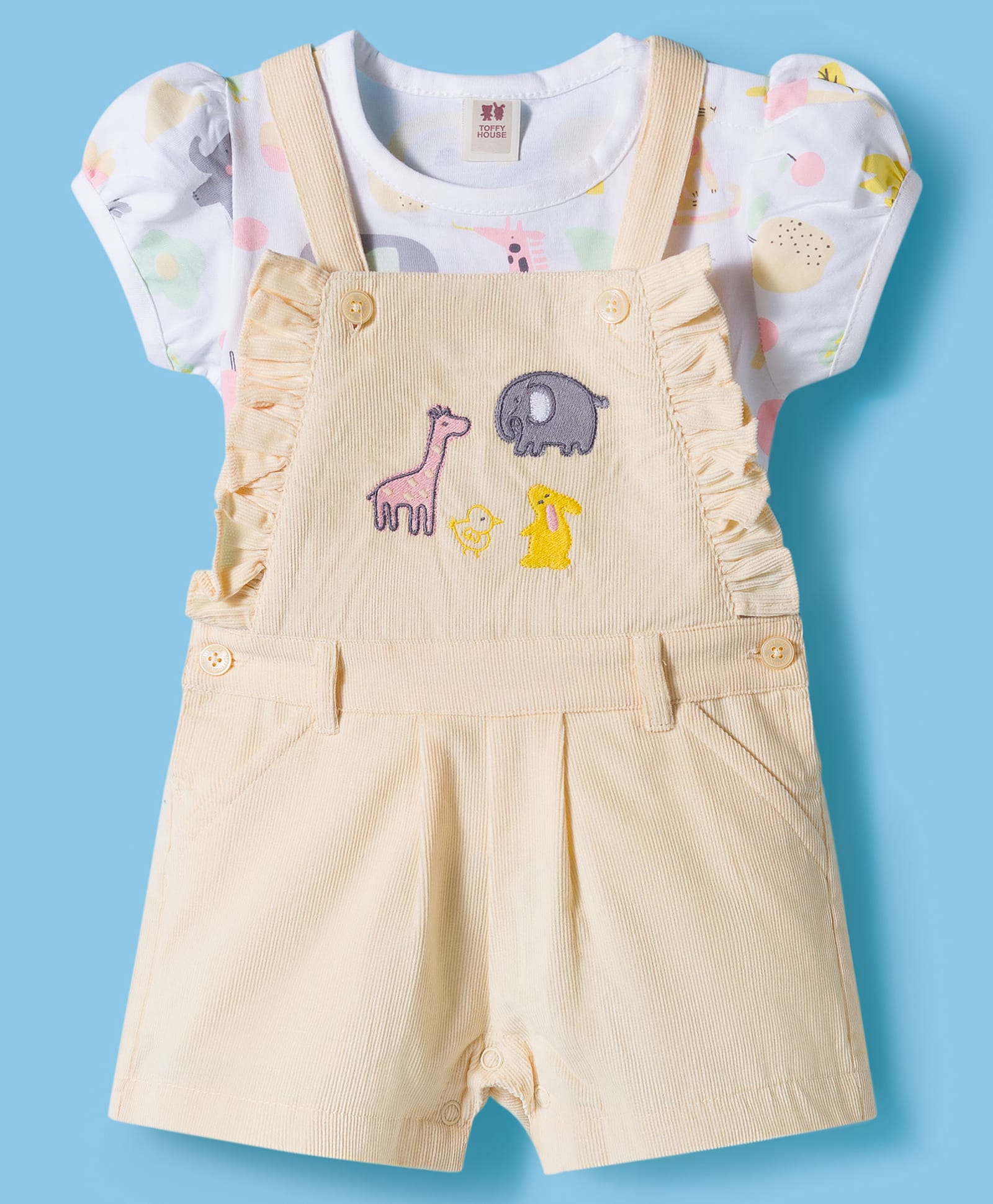 ToffyHouse Cotton Knit Corduroy Dungaree & Half Sleeves T-Shirt With Animal Print & Embroidery - Lemon-picture-46
